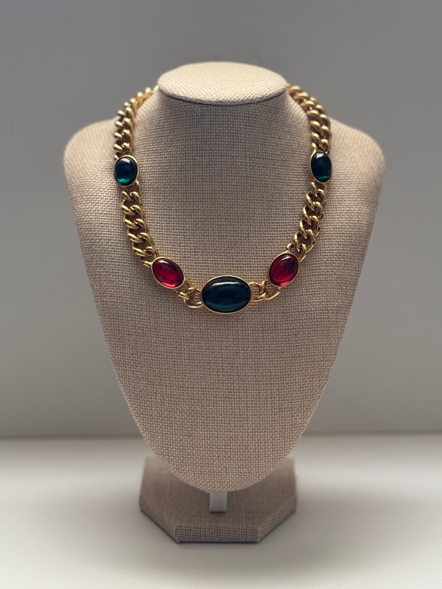 Vintage Kenneth Jay Lane Gold Tone Green Red Lucite Cabochons Statement Necklace