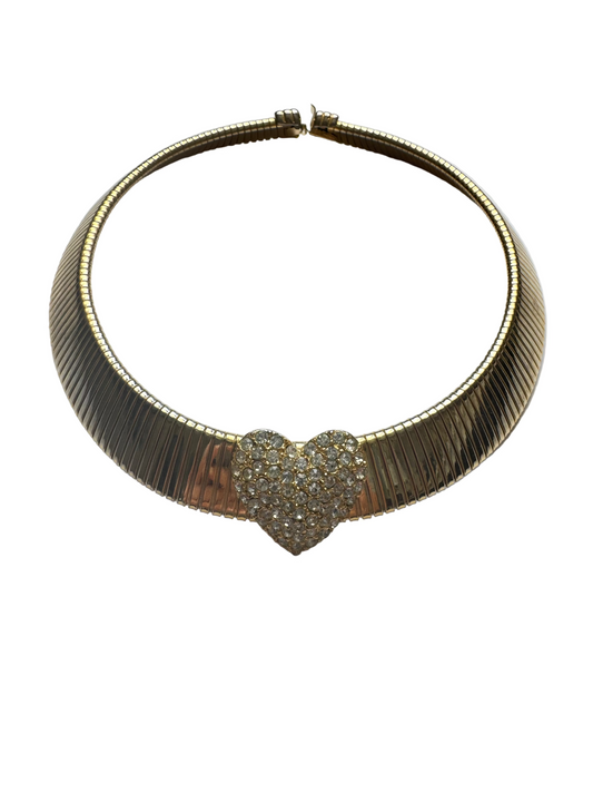 Vintage Gold Tone Omega Collar Necklace with Pave Rhinestone Heart