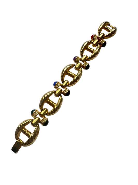 Vintage Bold Vintage Gold Tone Bracelet with Multicolor Cabochons & Rhinestones