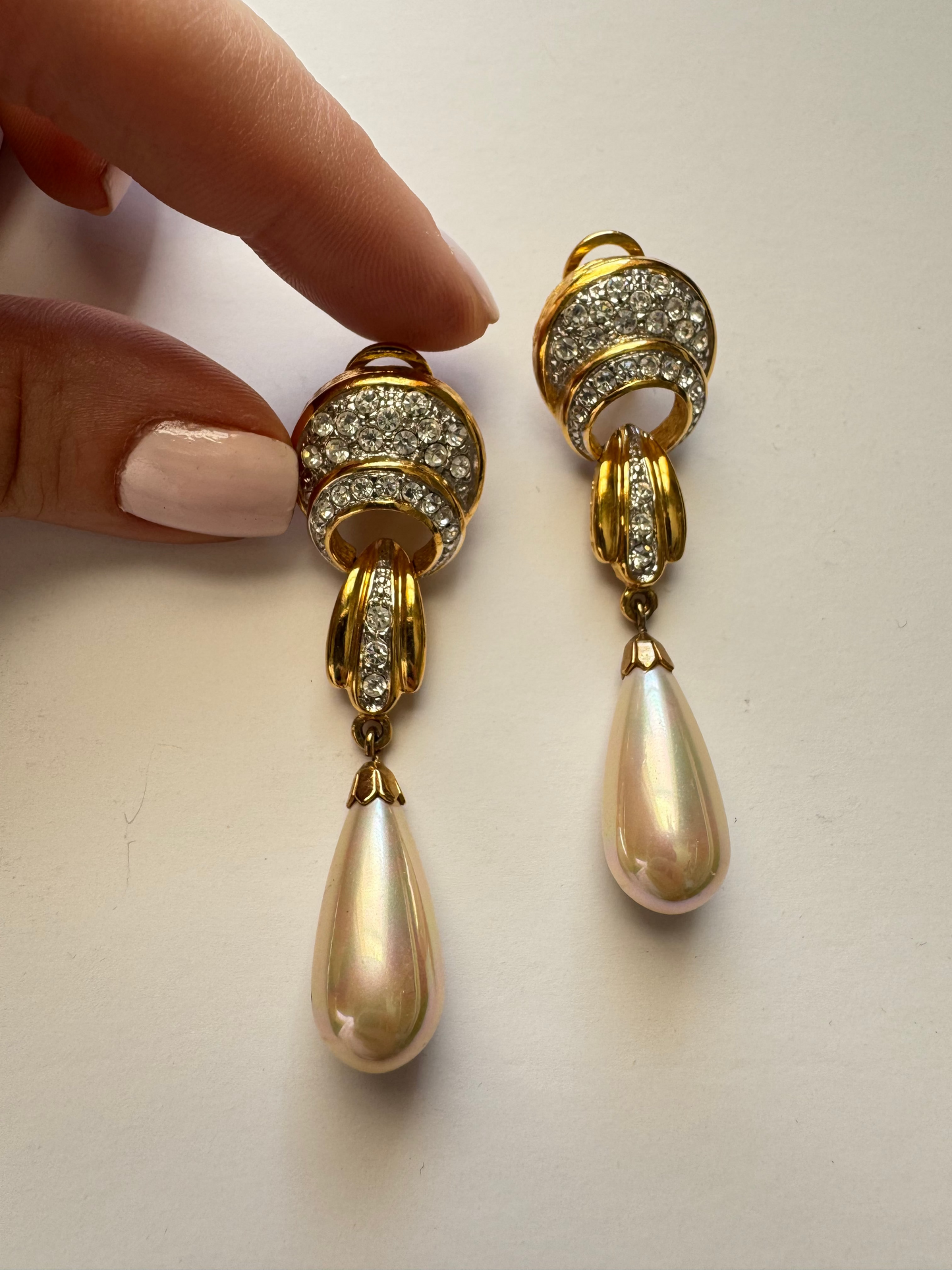 Vintage Rhinestone & Faux Pearl Dangle Clip Earrings