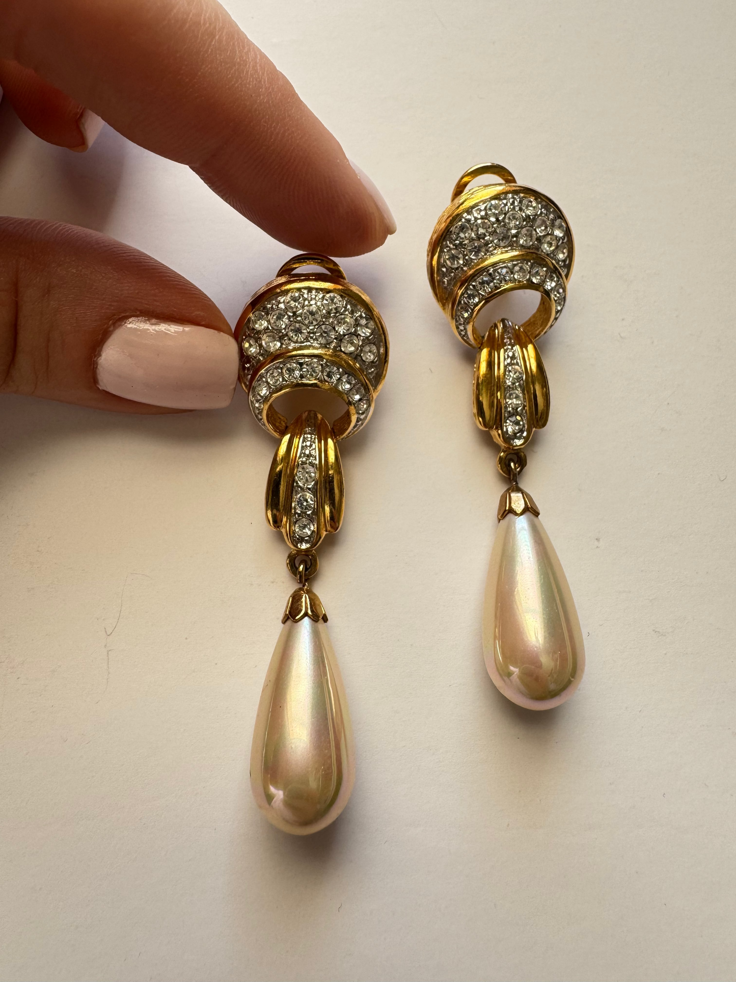 Vintage Rhinestone & Faux Pearl Dangle Clip Earrings