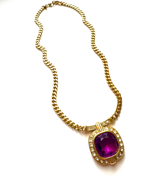 Vintage Monet Gold Chain Necklace with Amethyst Glass Pendant