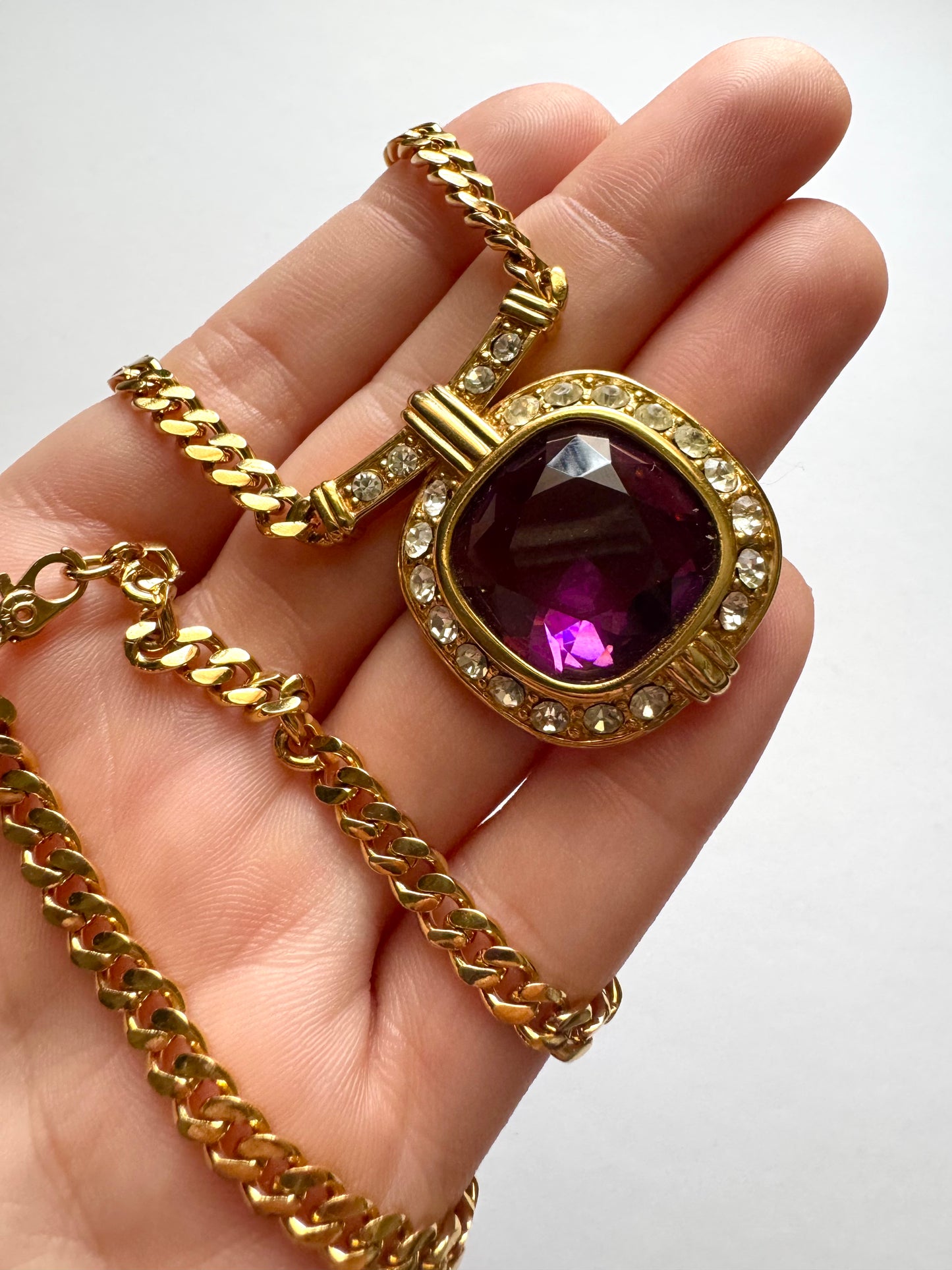 Vintage Monet Gold Chain Necklace with Amethyst Glass Pendant