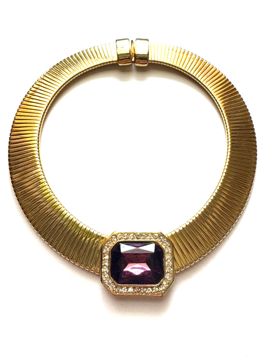 Vintage Gold Tone Omega Collar Necklace with Amethyst Glass Stone