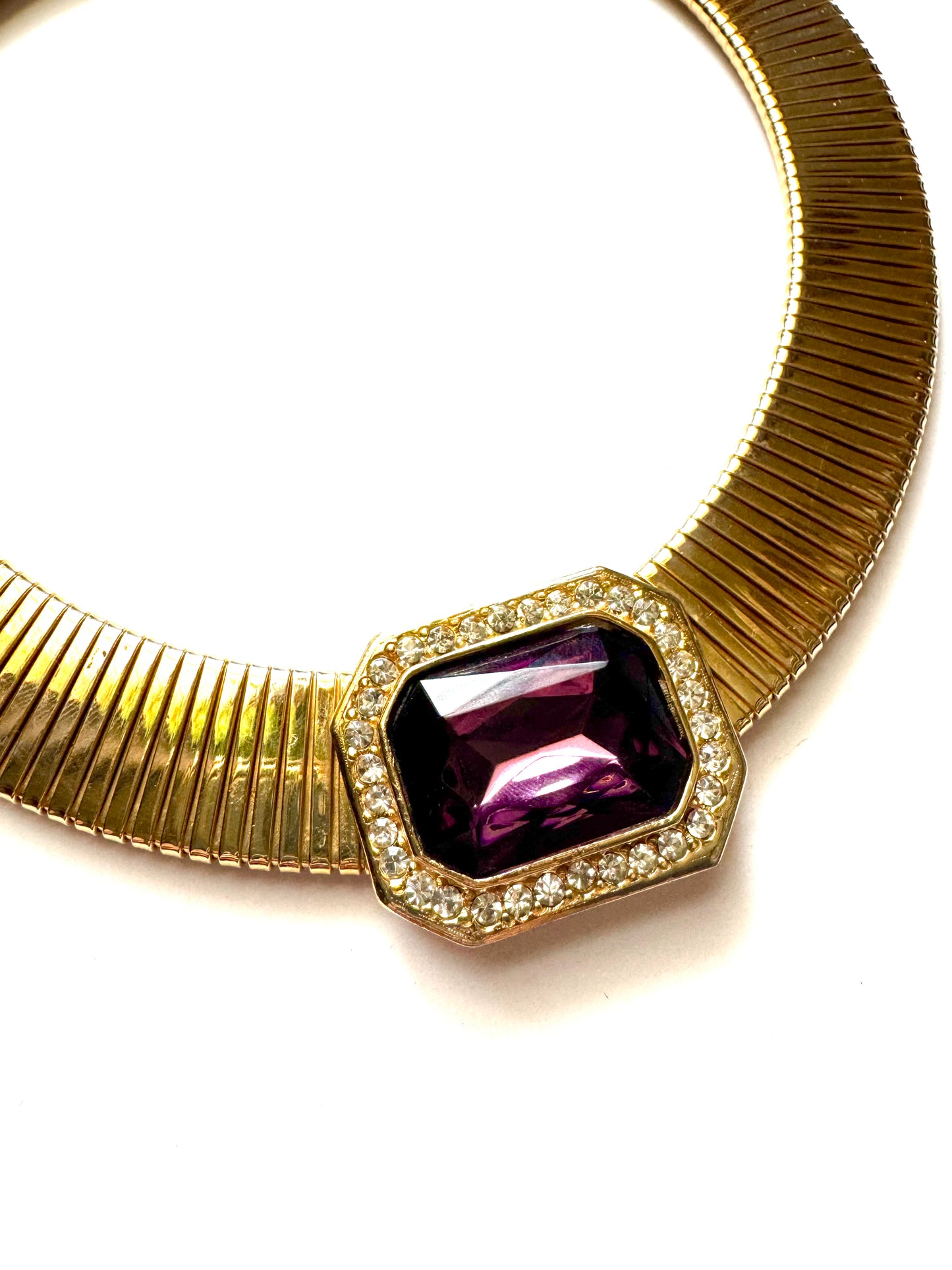 Vintage Gold Tone Omega Collar Necklace with Amethyst Glass Stone