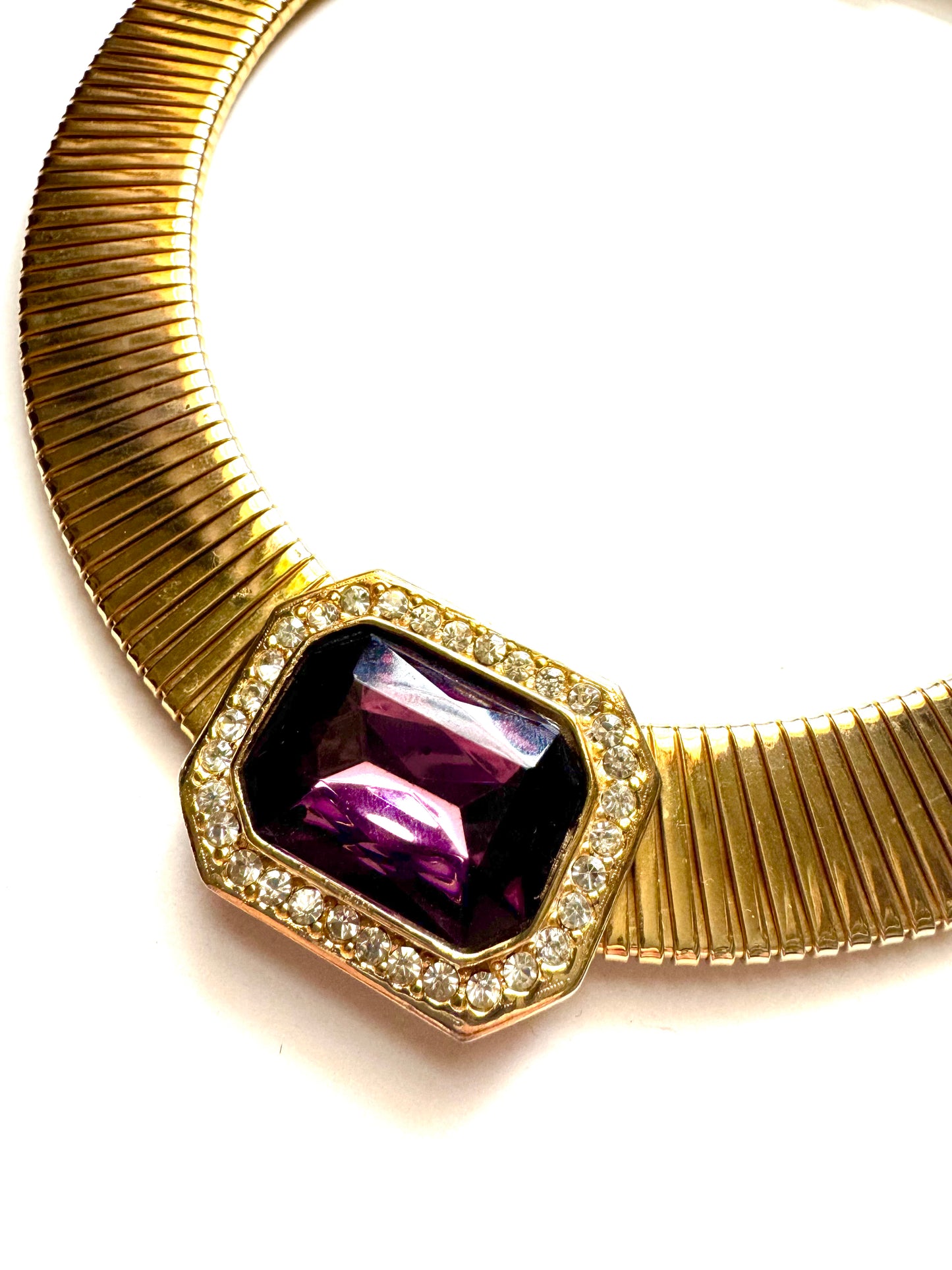 Vintage Gold Tone Omega Collar Necklace with Amethyst Glass Stone