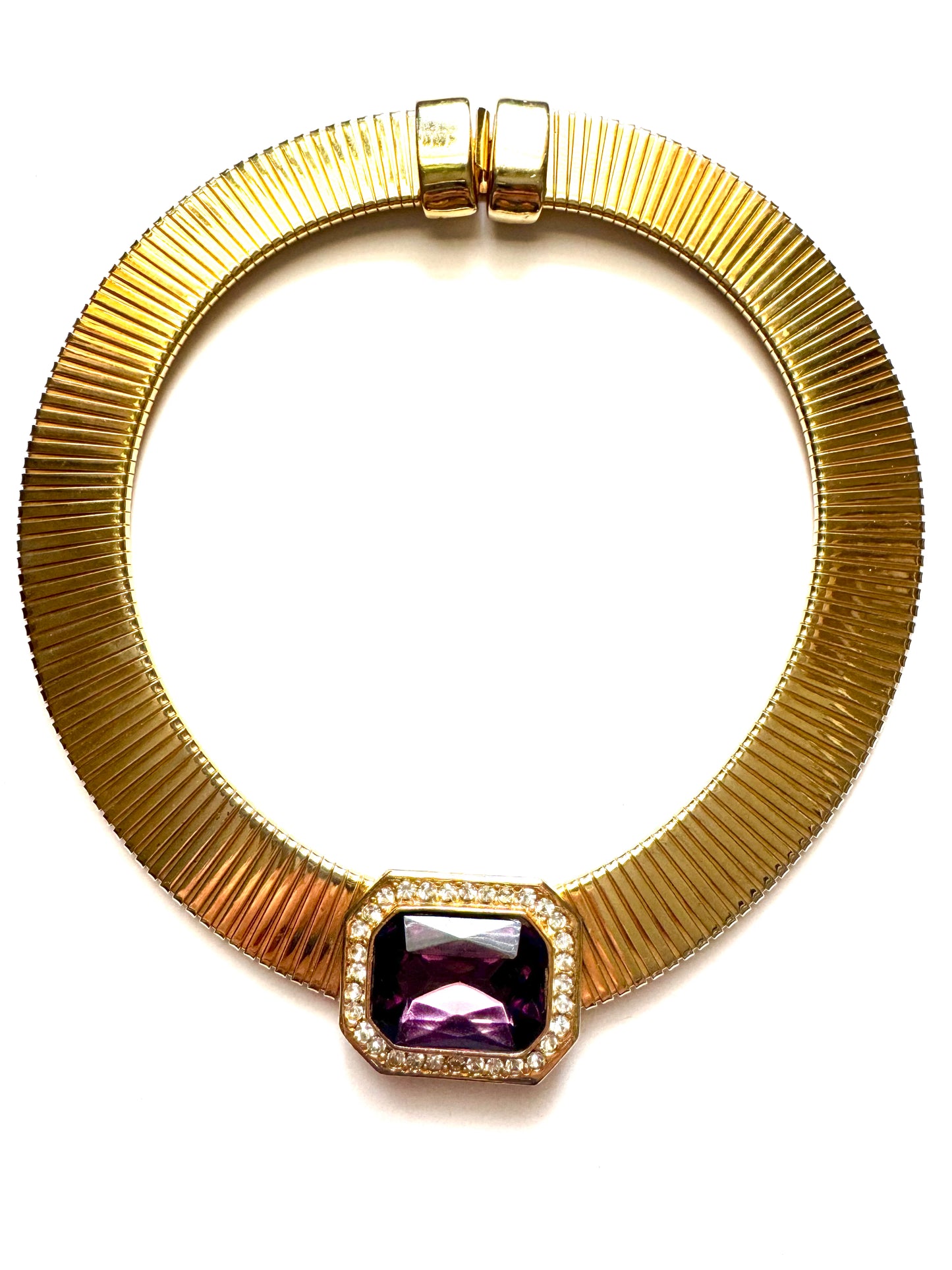 Vintage Gold Tone Omega Collar Necklace with Amethyst Glass Stone