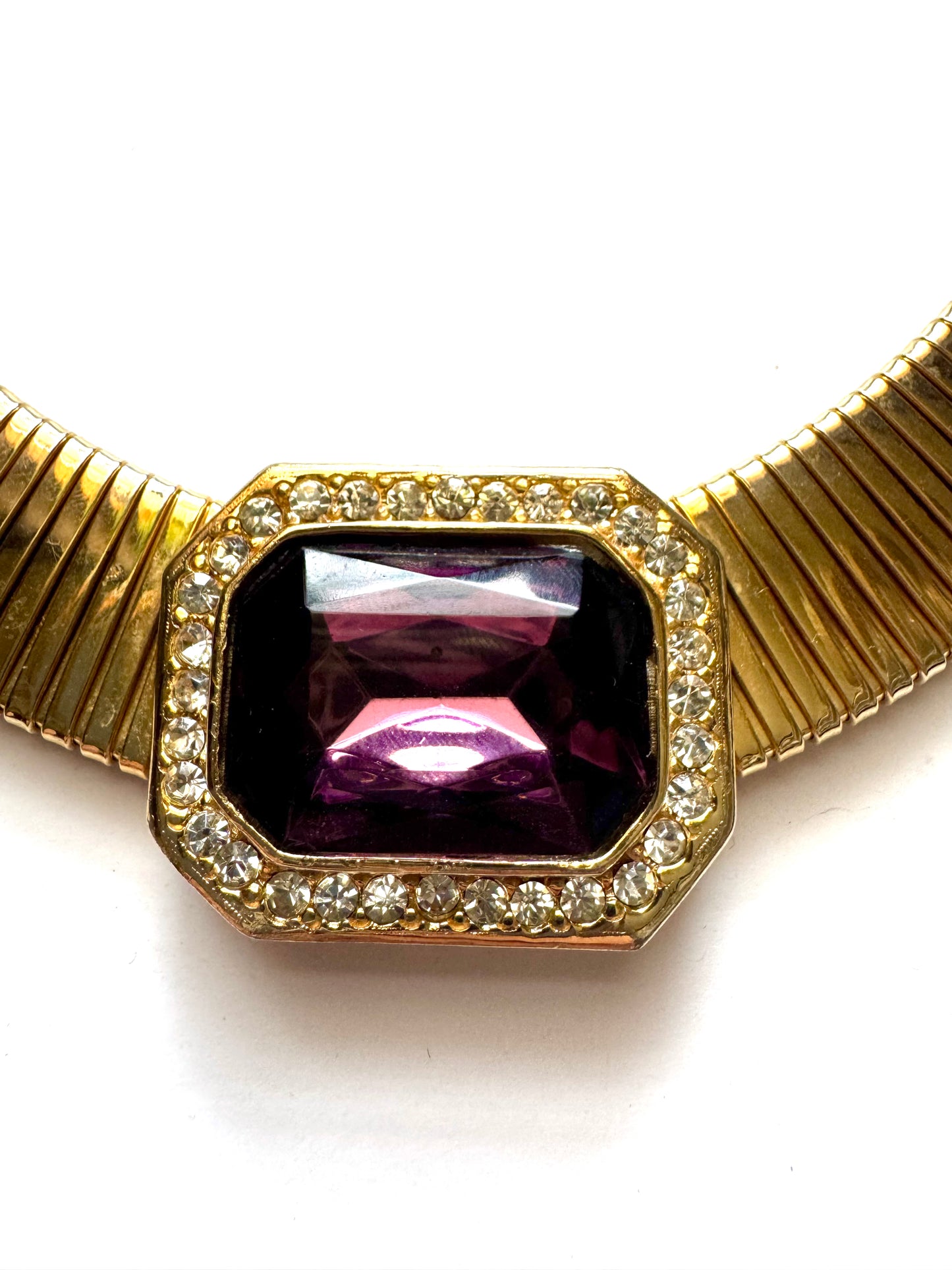Vintage Gold Tone Omega Collar Necklace with Amethyst Glass Stone