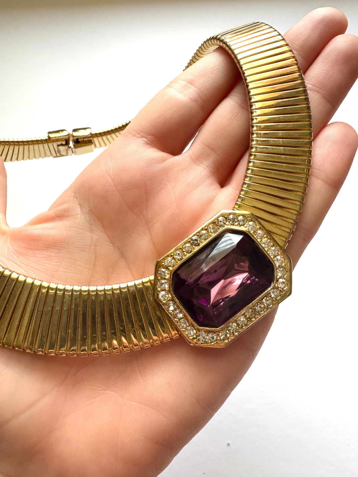 Vintage Gold Tone Omega Collar Necklace with Amethyst Glass Stone