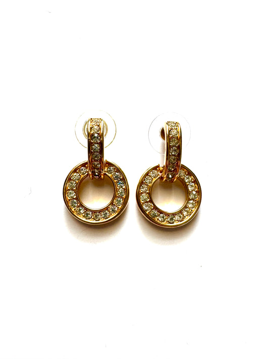 Vintage Signed Swan Swarovski Crystal Circle Drop Earrings