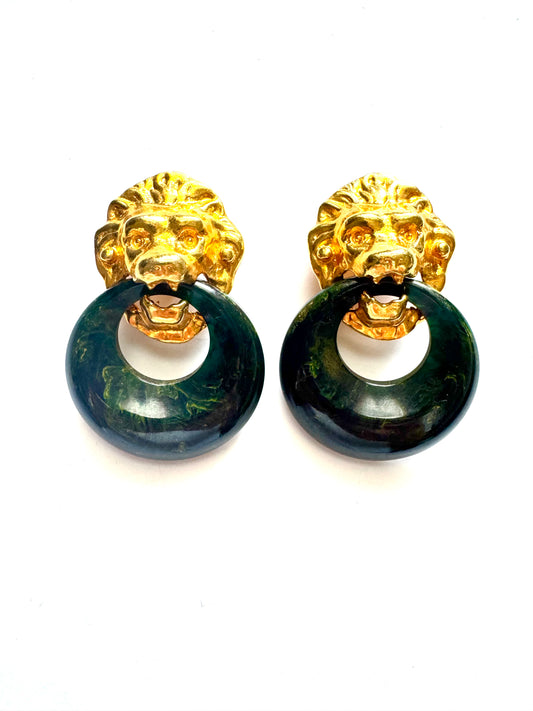 Vintage Kenneth Lane Lion Head Green Resin Hoop Clip-On Earrings