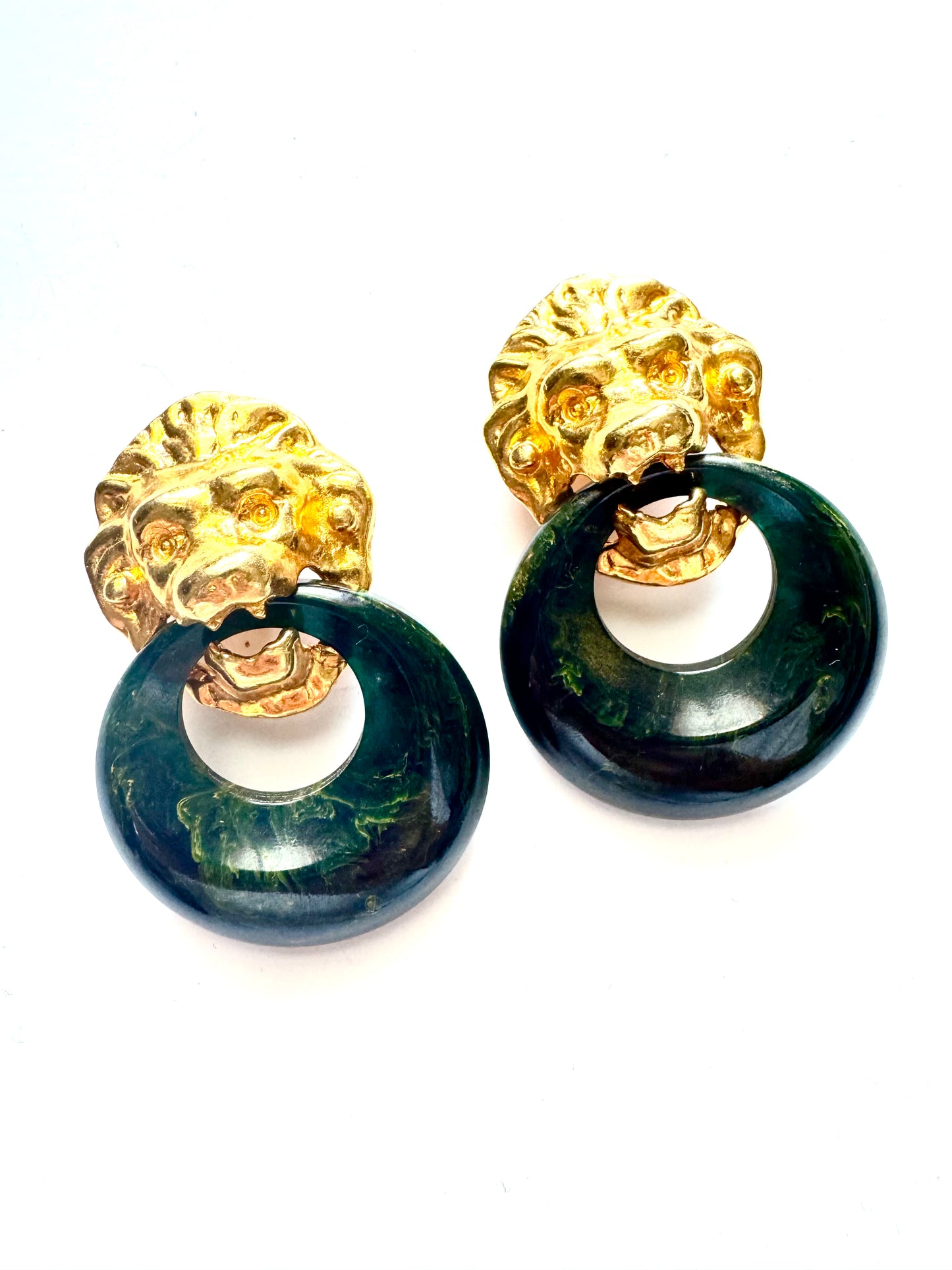 Vintage Kenneth Lane Lion Head Green Resin Hoop Clip-On Earrings