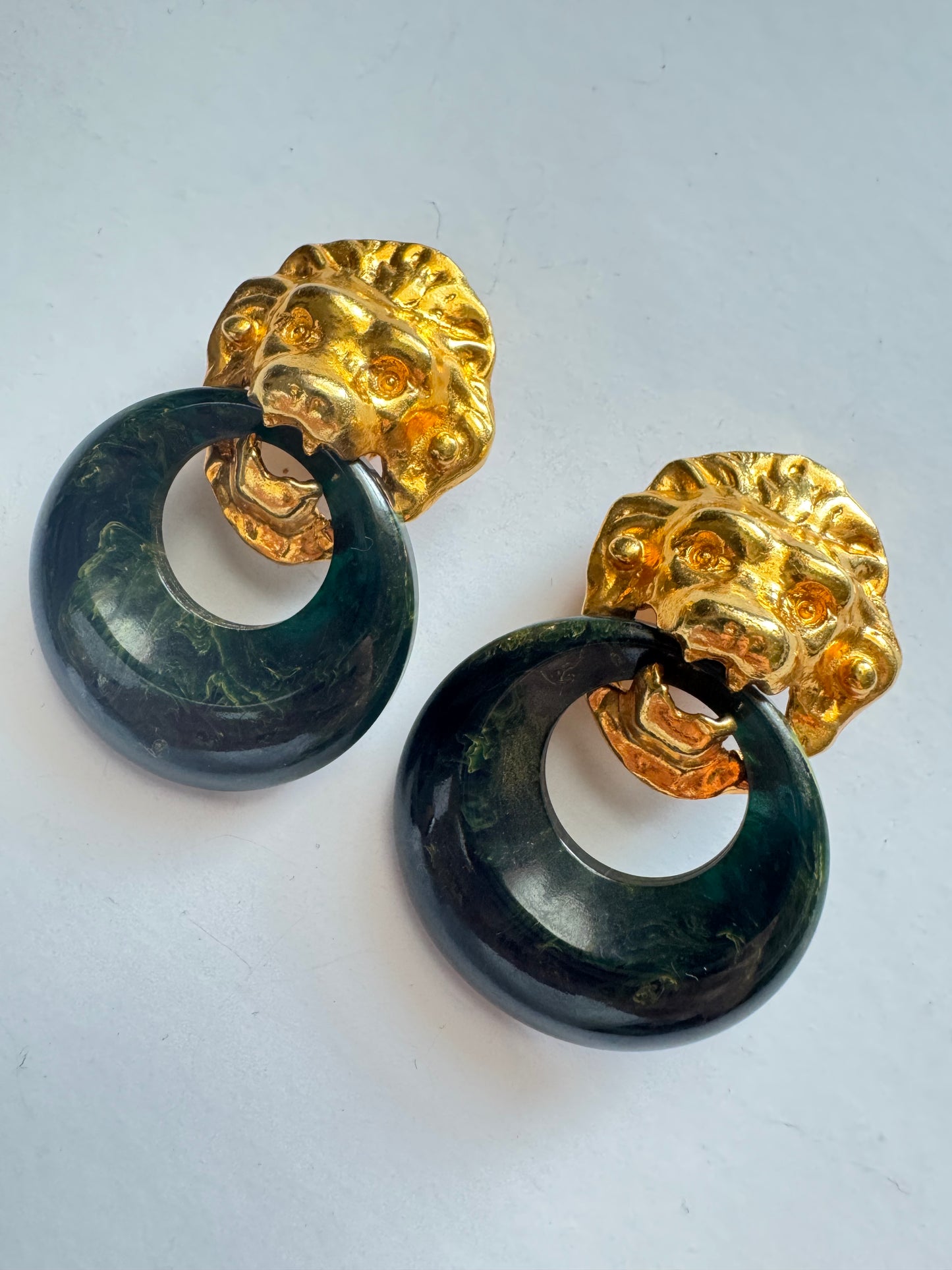 Vintage Kenneth Lane Lion Head Green Resin Hoop Clip-On Earrings