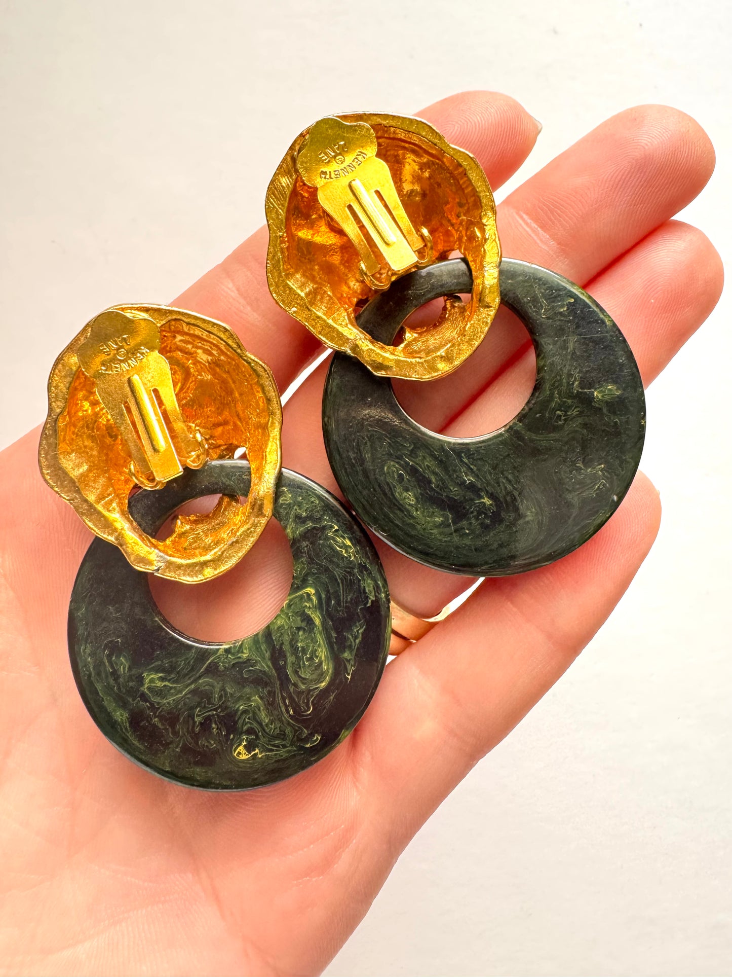 Vintage Kenneth Lane Lion Head Green Resin Hoop Clip-On Earrings