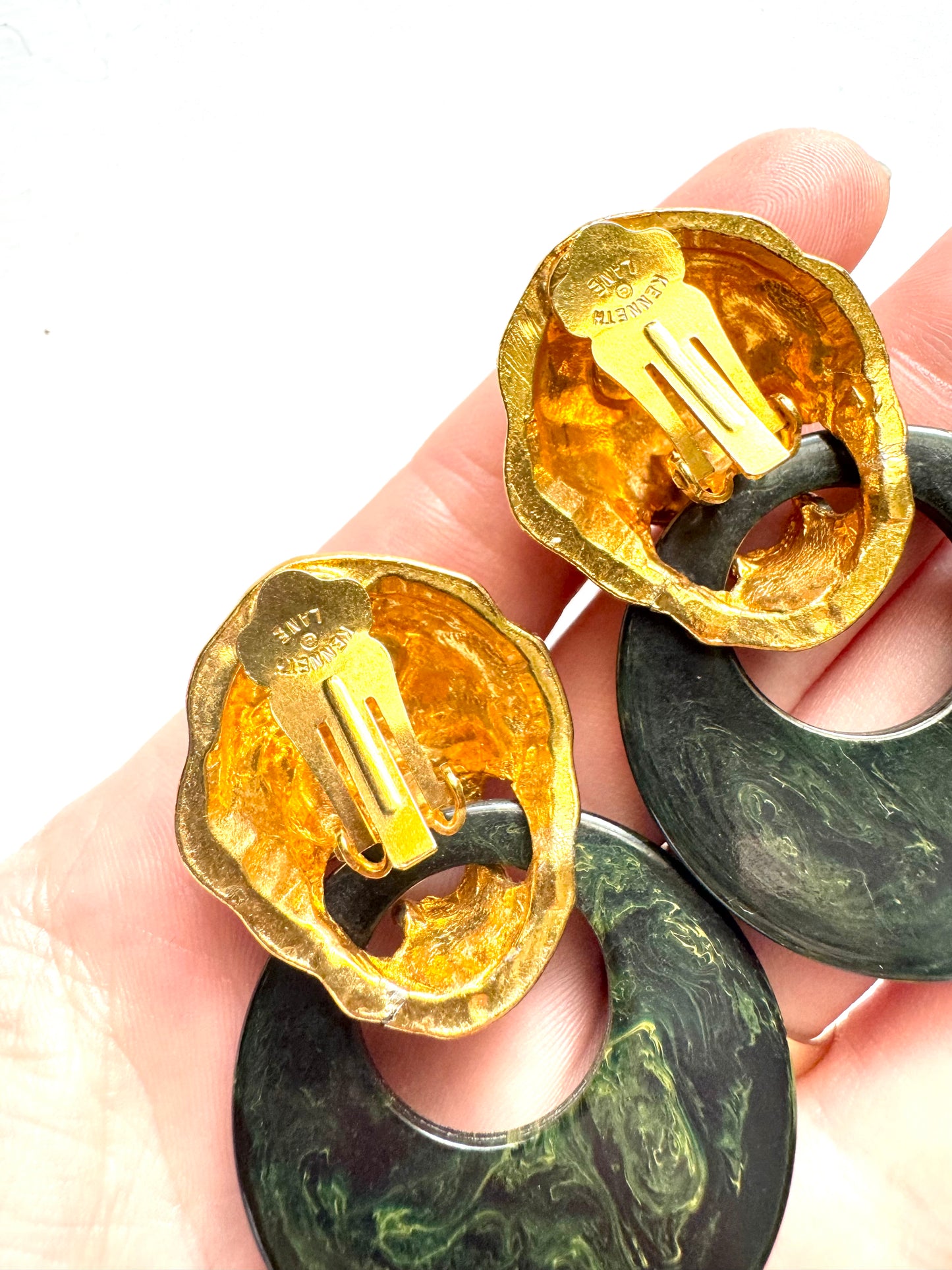Vintage Kenneth Lane Lion Head Green Resin Hoop Clip-On Earrings