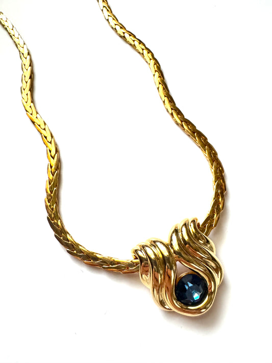 Vintage Nolan Miller Gold-Tone Pendant Necklace with Sculptural Knot Motif & Blue Stone