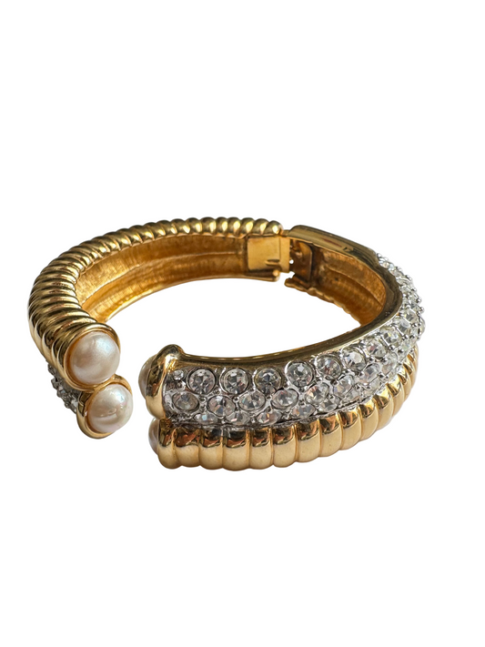 Vintage Nolan Miller Pearl & Crystal Hinged Cuff Bracelet