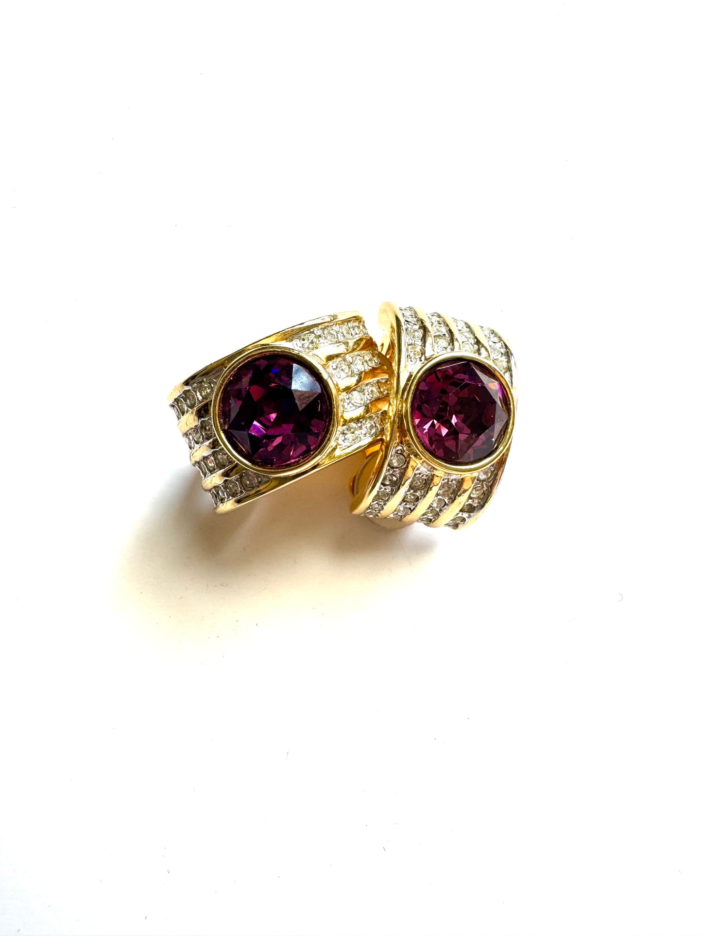 Vintage Joan Rivers Purple Clear Rhinestones Statement Clip-On Earrings