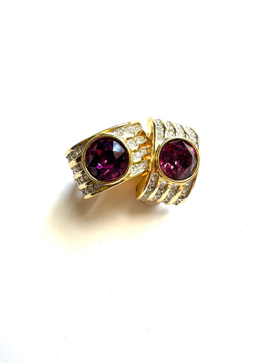 Vintage Joan Rivers Purple Clear Rhinestones Statement Clip-On Earrings