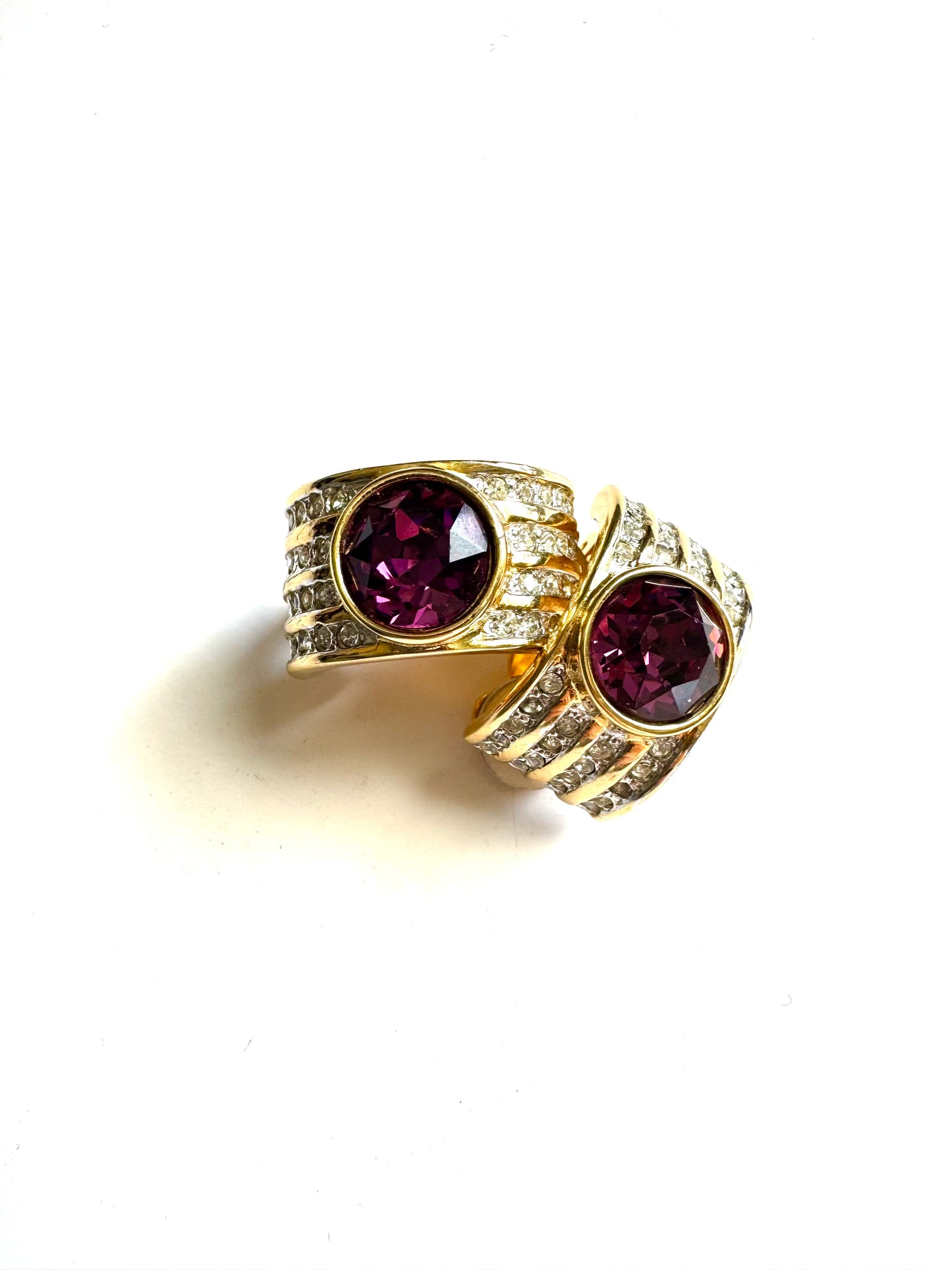 Vintage Joan Rivers Purple Clear Rhinestones Statement Clip-On Earrings