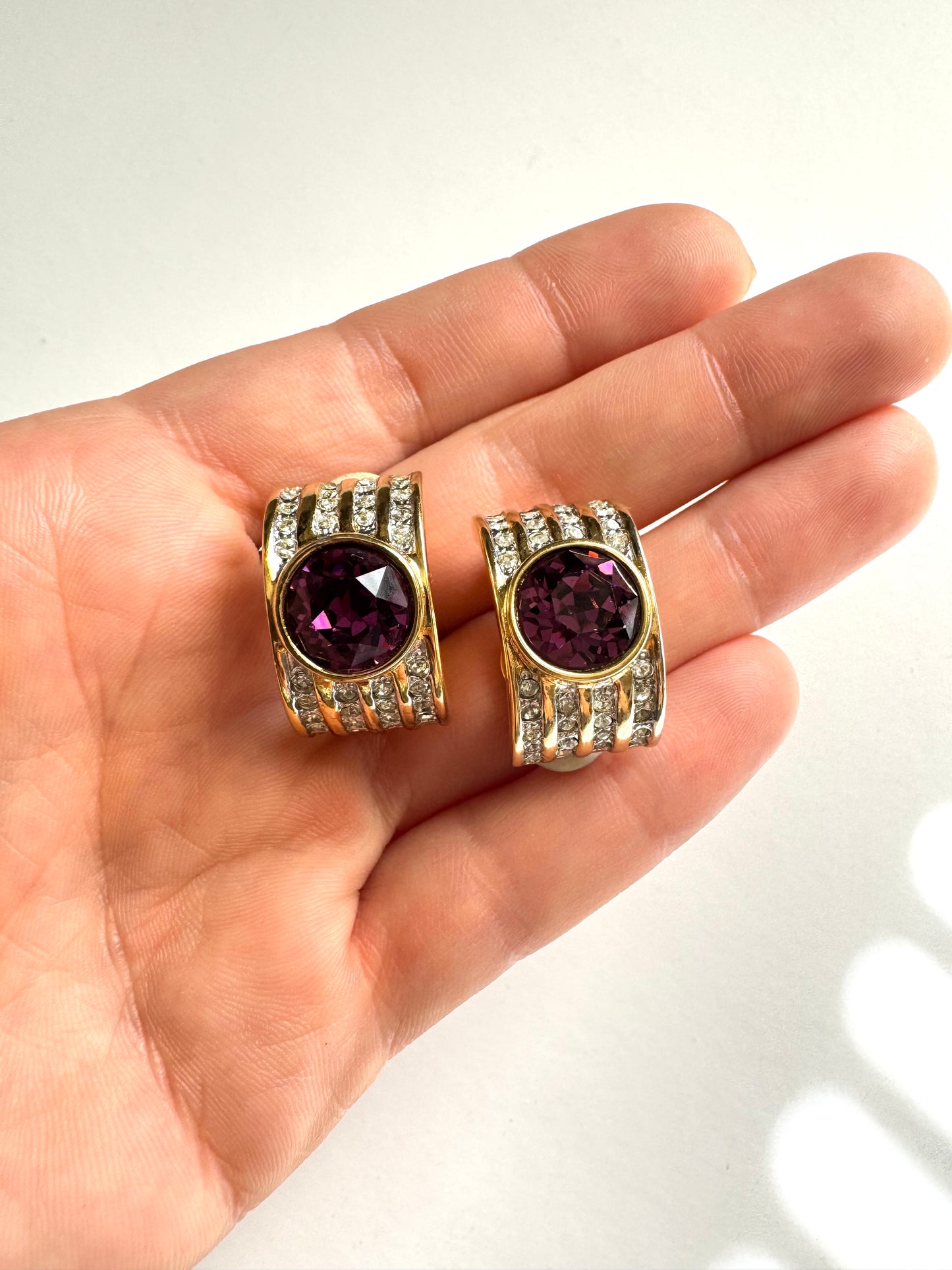 Vintage Joan Rivers Purple Clear Rhinestones Statement Clip-On Earrings