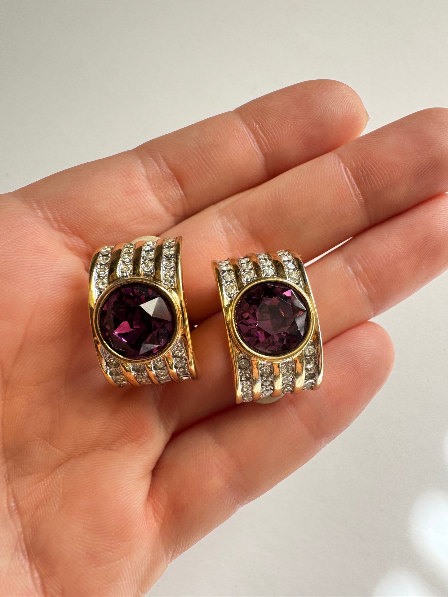 Vintage Joan Rivers Purple Clear Rhinestones Statement Clip-On Earrings