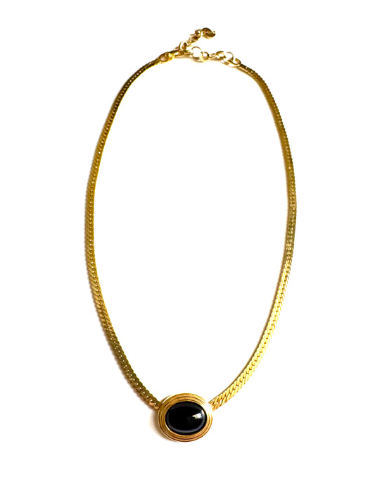 Vintage Christian Dior Black Cabochon Pendant Chain Necklace
