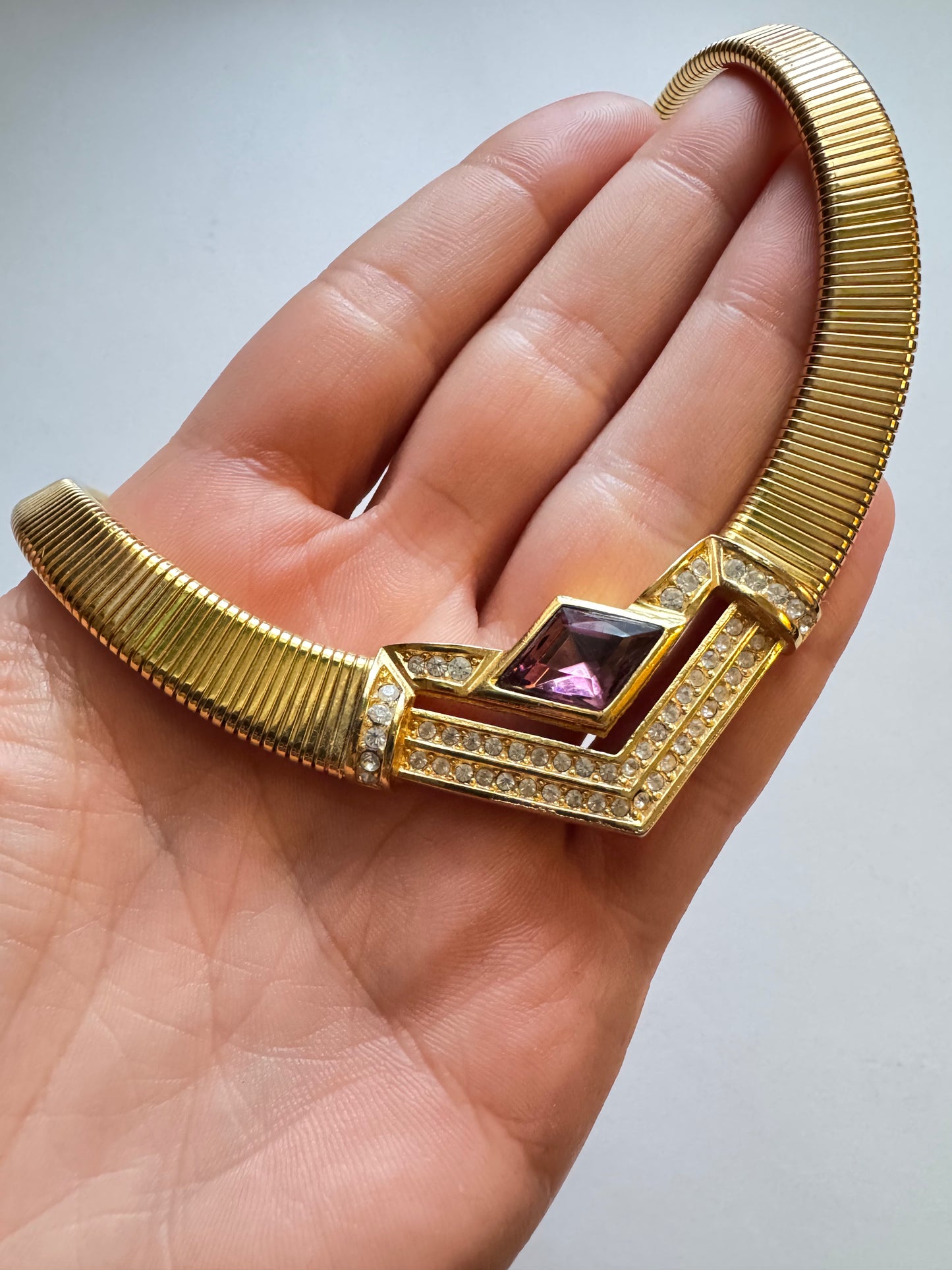 Vintage Christian Dior Tubogas Necklace with Purple Crystal Pave Accents