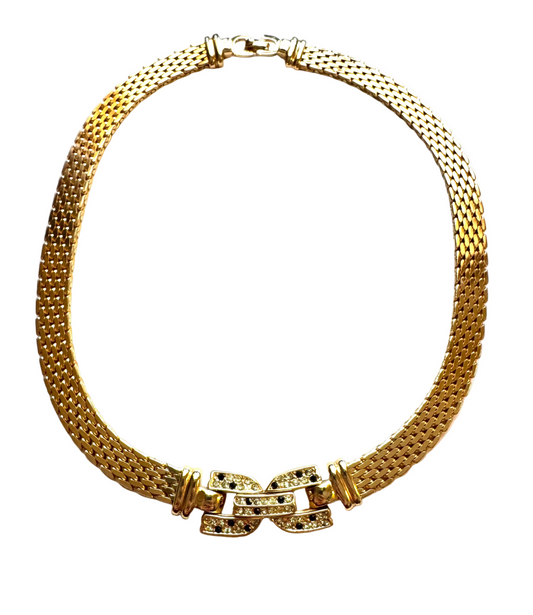 Vintage Christian Dior Gold-tone Panther Chain Collar Necklace with Pavé Link Center