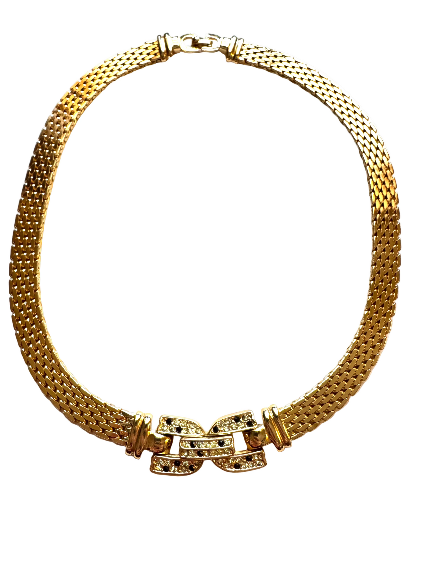Vintage Christian Dior Gold-tone Panther Chain Collar Necklace with Pavé Link Center