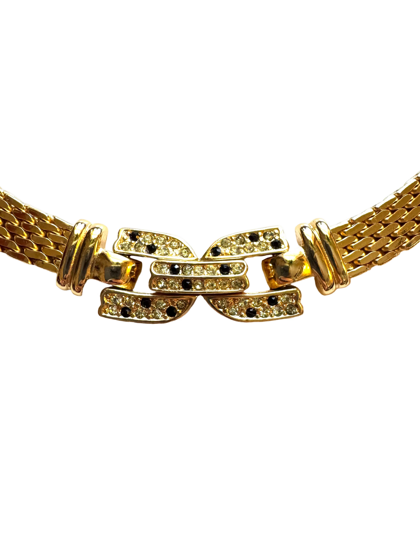 Vintage Christian Dior Gold-tone Panther Chain Collar Necklace with Pavé Link Center