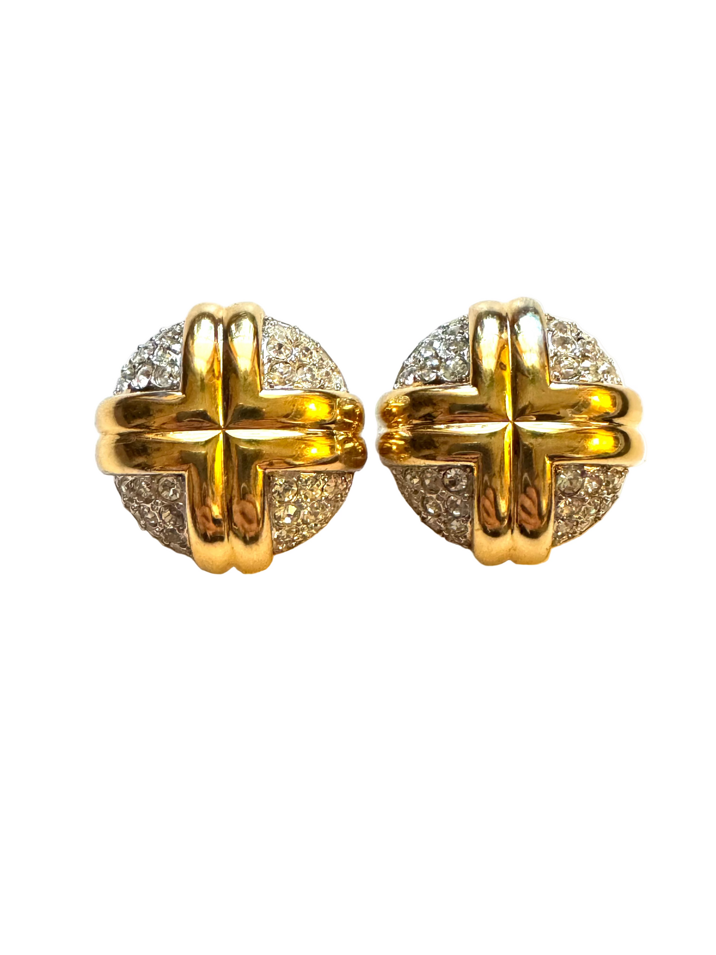 Vintage Nina Ricci Pavé Gold Cross Clip-On Earrings