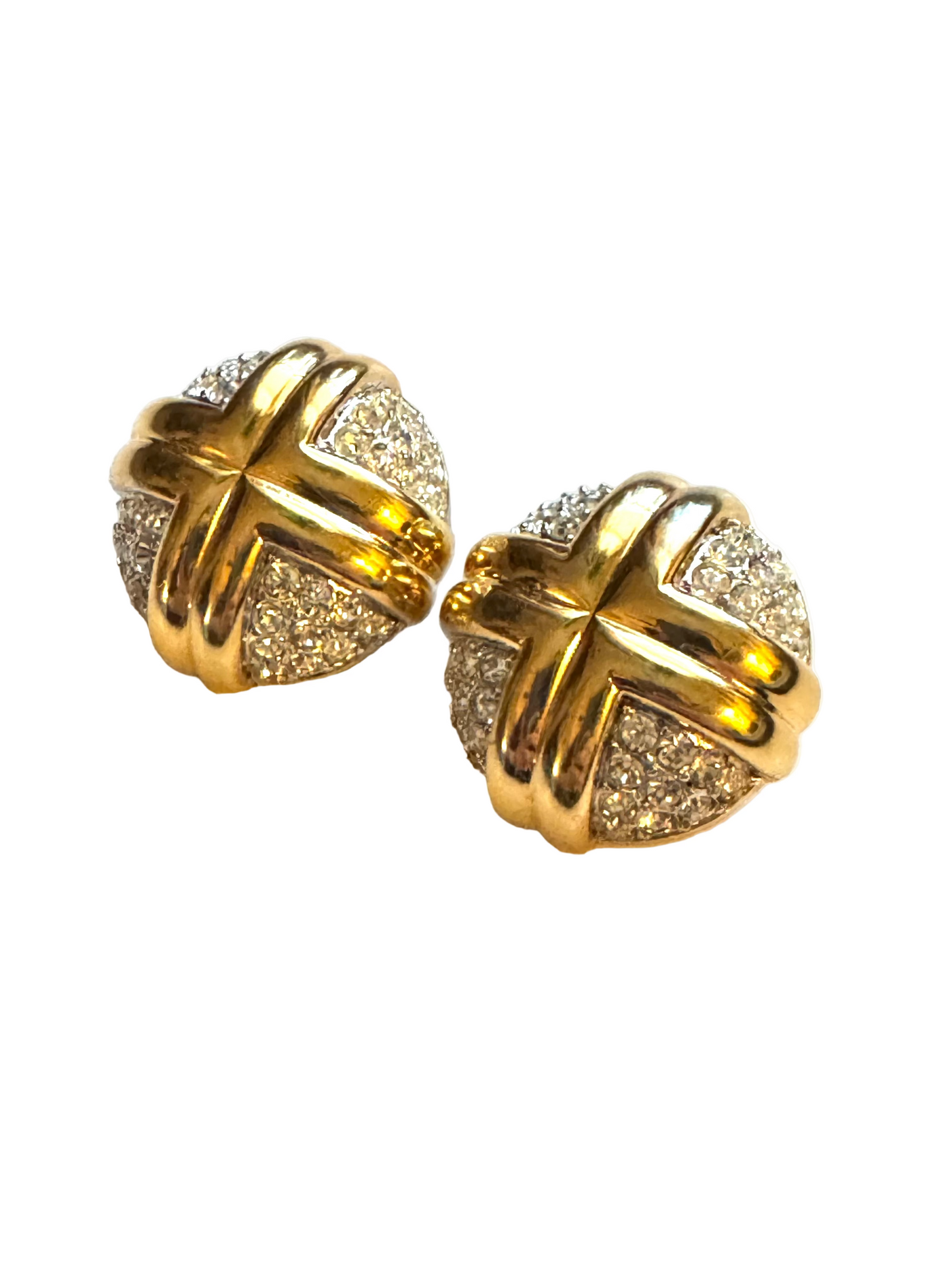 Vintage Nina Ricci Pavé Gold Cross Clip-On Earrings