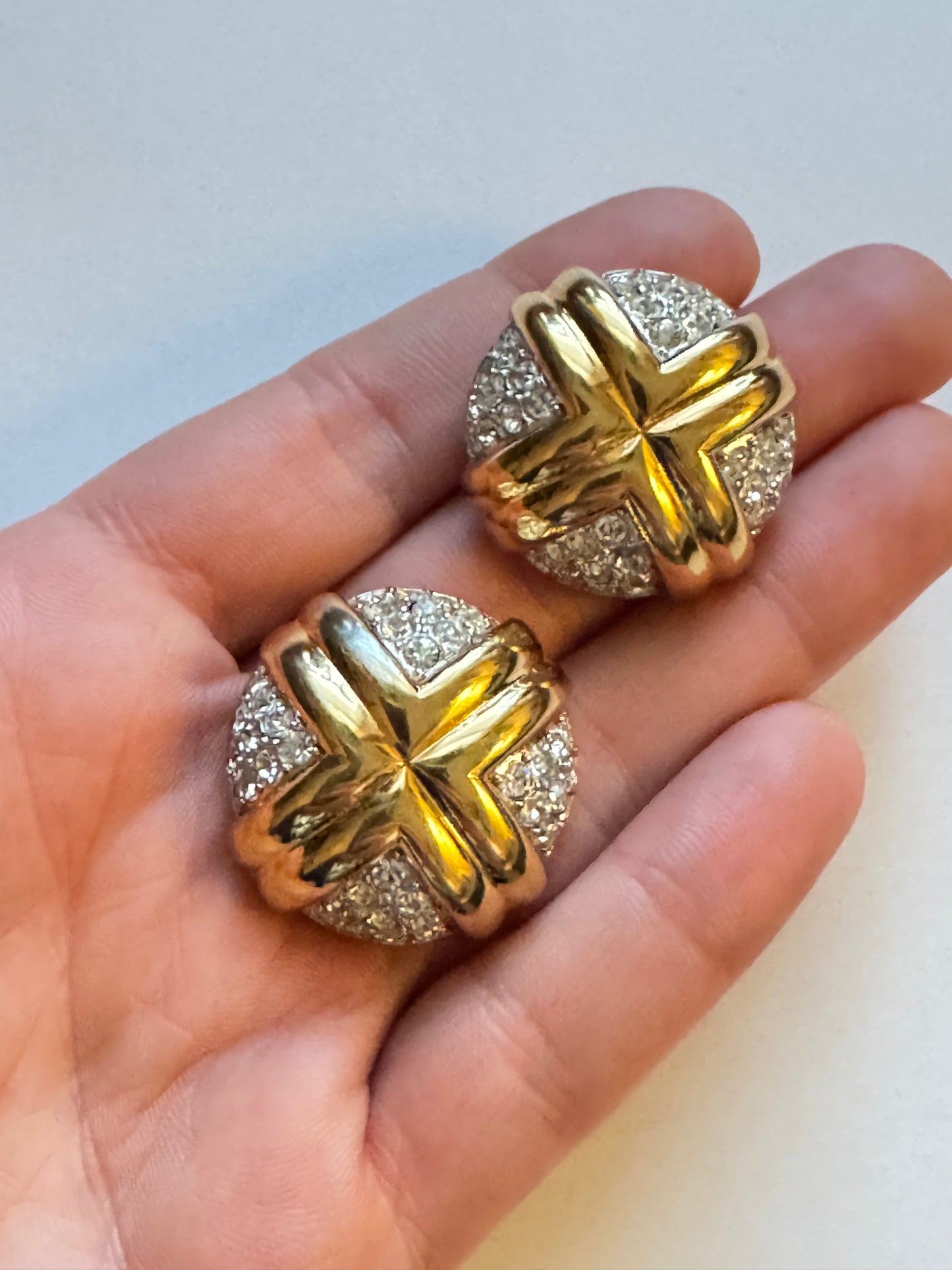 Vintage Nina Ricci Pavé Gold Cross Clip-On Earrings