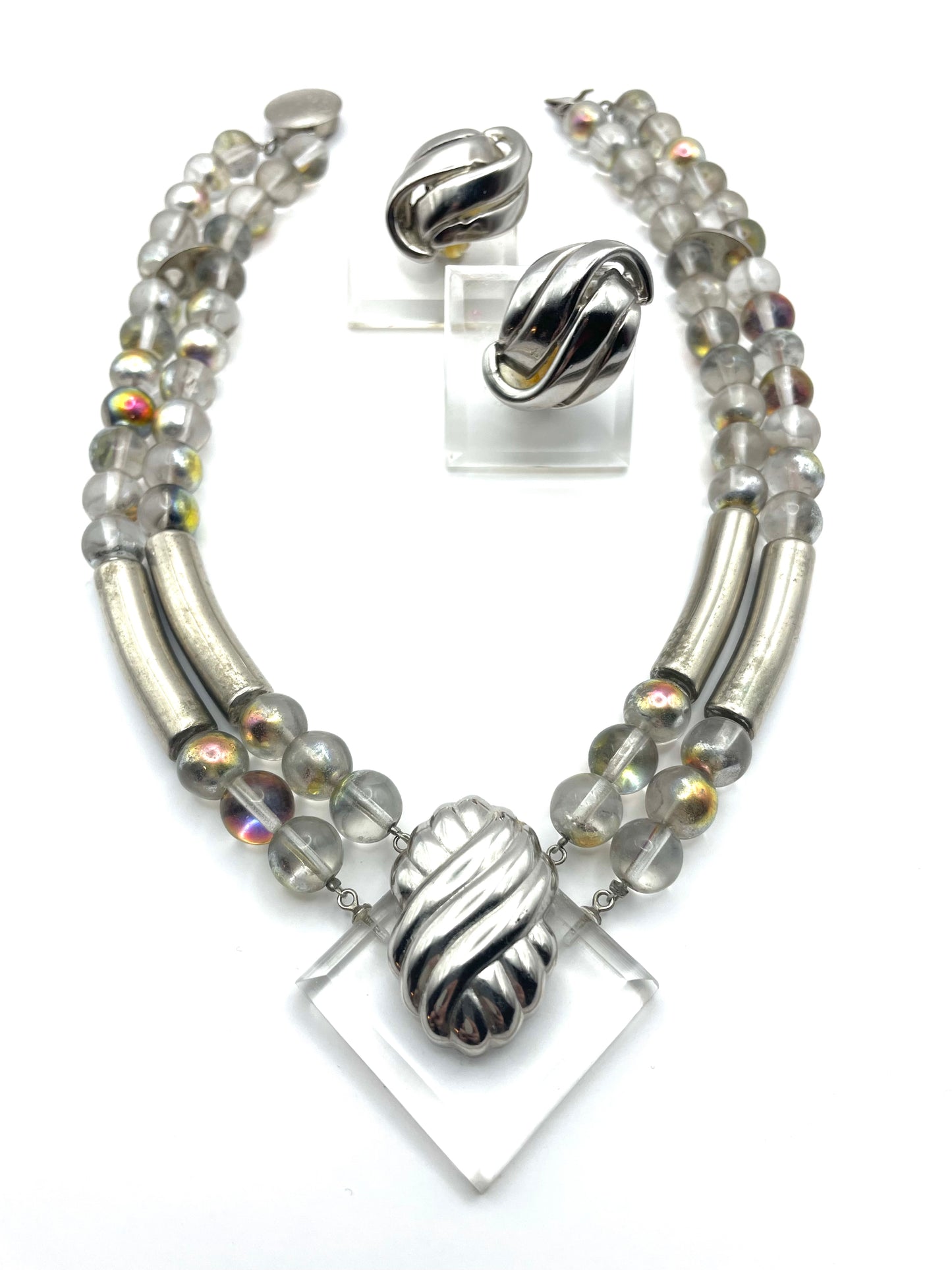 Vintage 1970s Silver Tone Bead Lucite Choker Necklace Earring Set