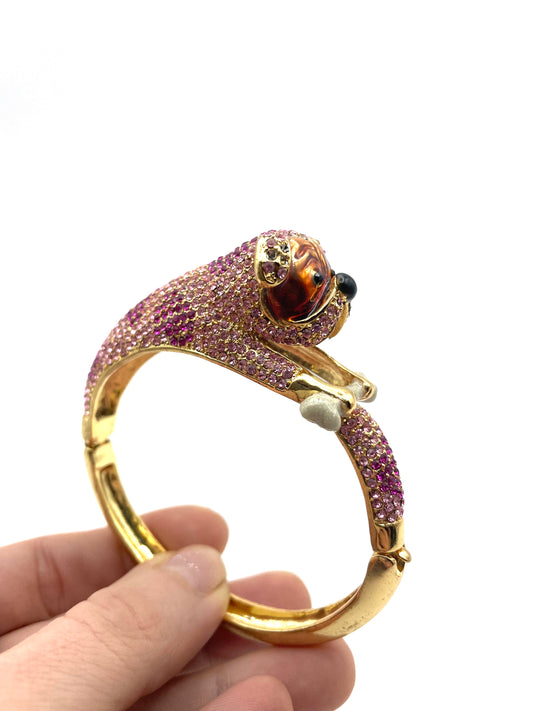 Gold Tone Pink Pave Rhinestones and Enamel Bulldog Hinged Bangle Bracelet Gorgeous