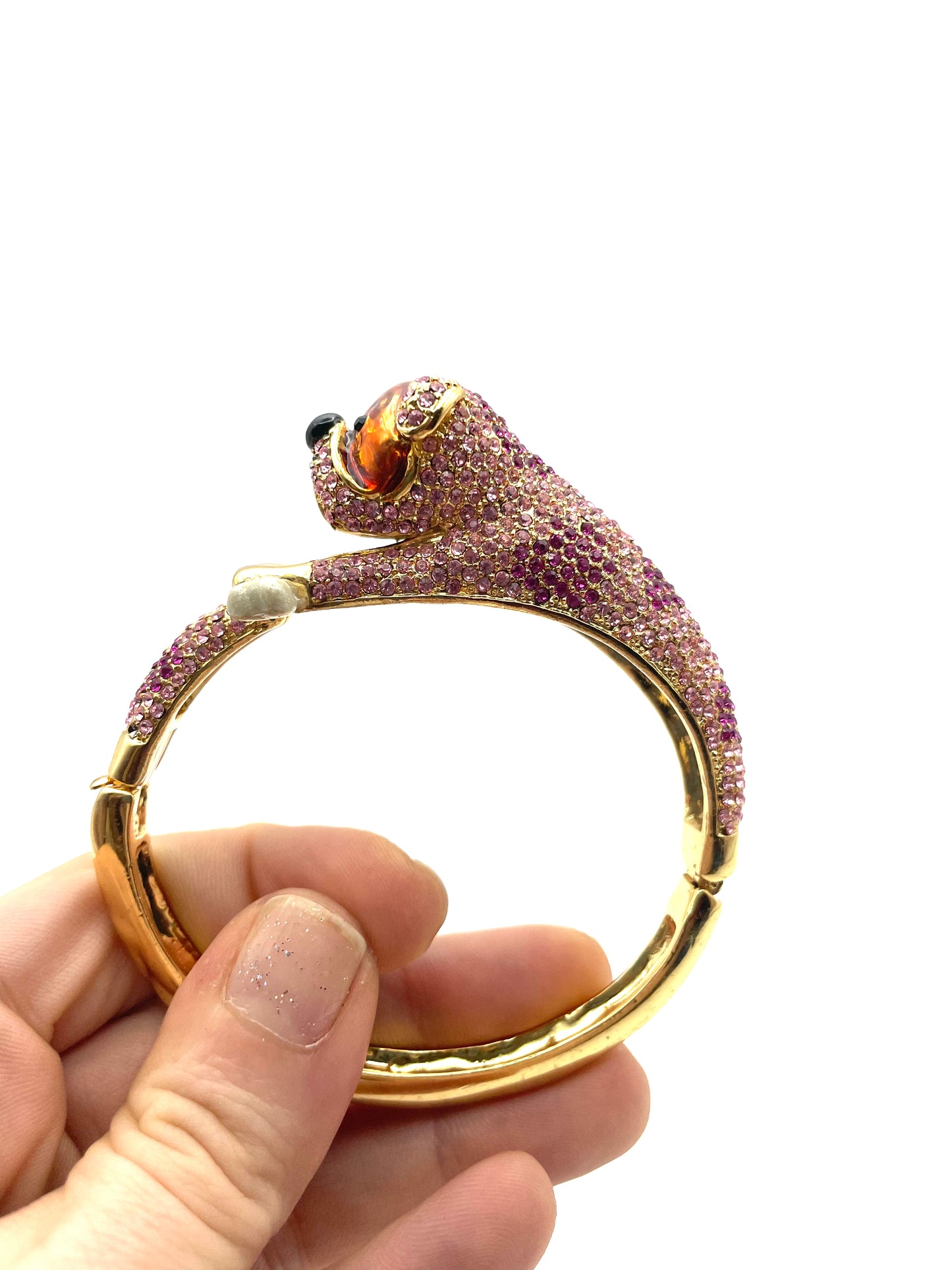 Gold Tone Pink Pave Rhinestones and Enamel Bulldog Hinged Bangle Bracelet Gorgeous