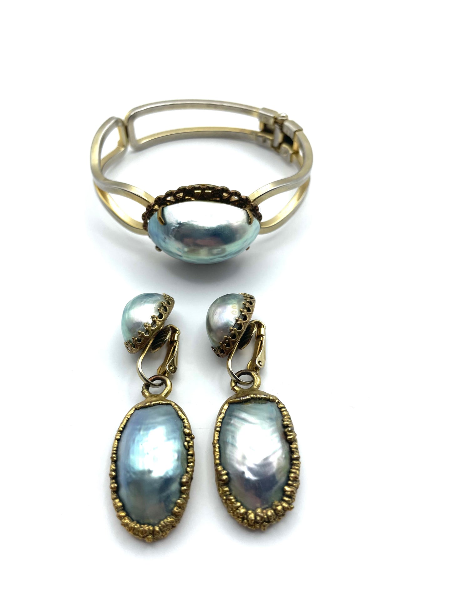 Vintage Blue Coin Pearl Filigree Bracelet & Drop Clipon Earring Set GP