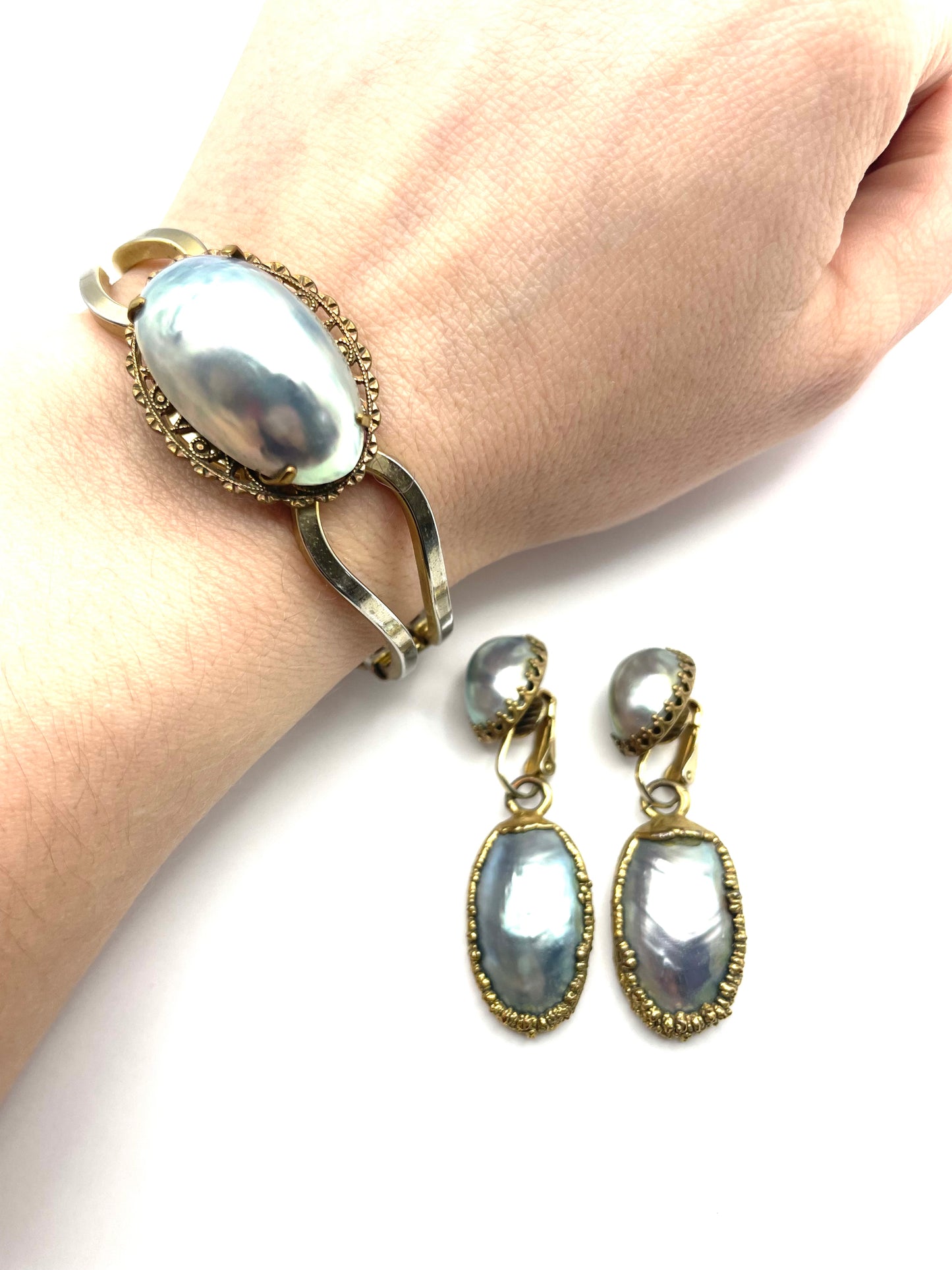 Vintage Blue Coin Pearl Filigree Bracelet & Drop Clipon Earring Set GP