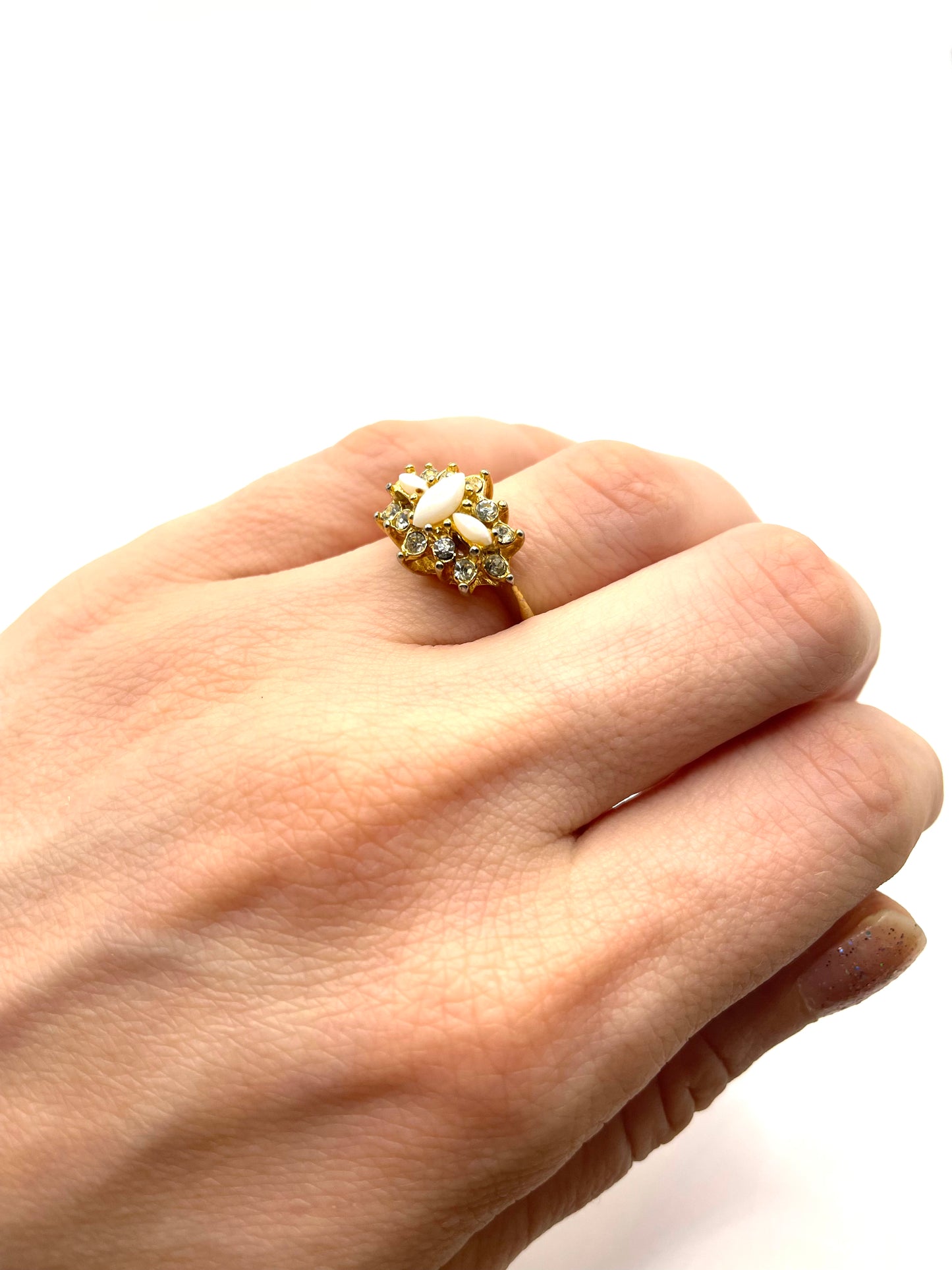 Vintage Gold Tone Pave Crystals and White Gemstone Ring