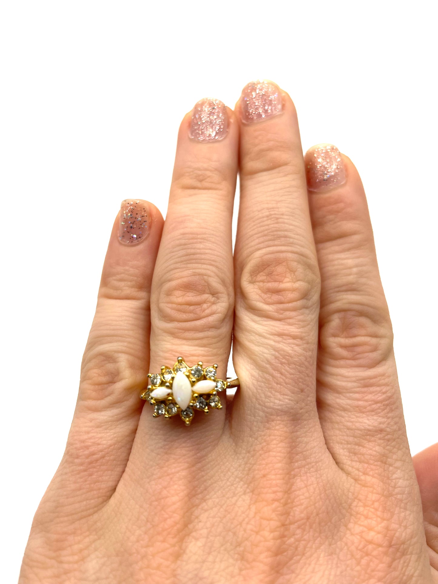 Vintage Gold Tone Pave Crystals and White Gemstone Ring