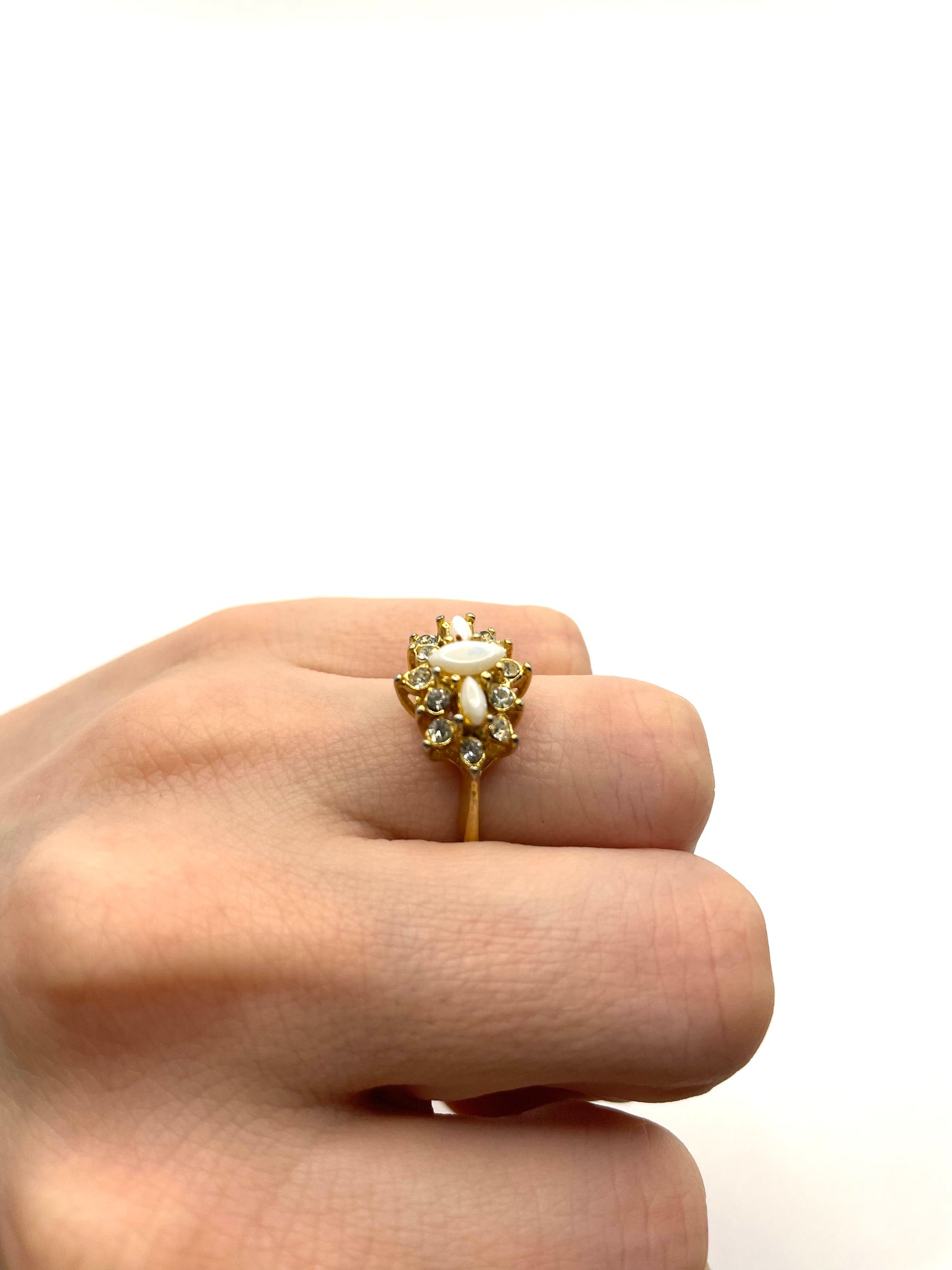 Vintage Gold Tone Pave Crystals and White Gemstone Ring