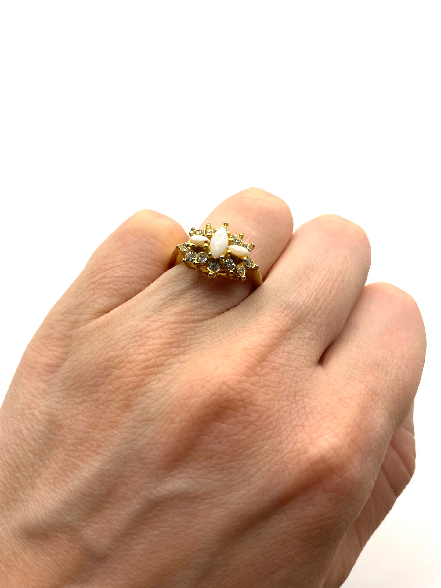 Vintage Gold Tone Pave Crystals and White Gemstone Ring