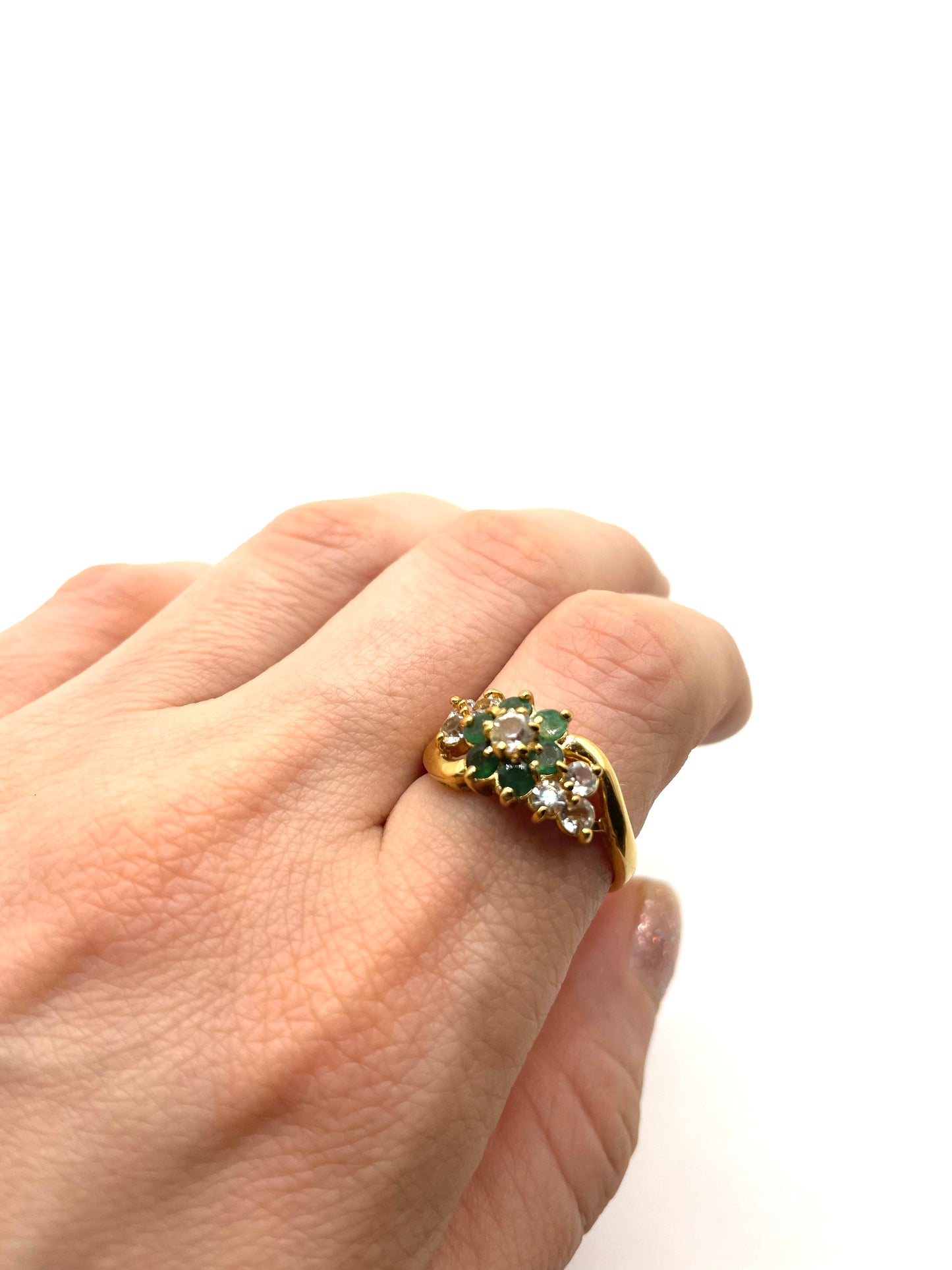 Vintage Gold Tone Emerald Green Clear Rhinestone Ring Size 8