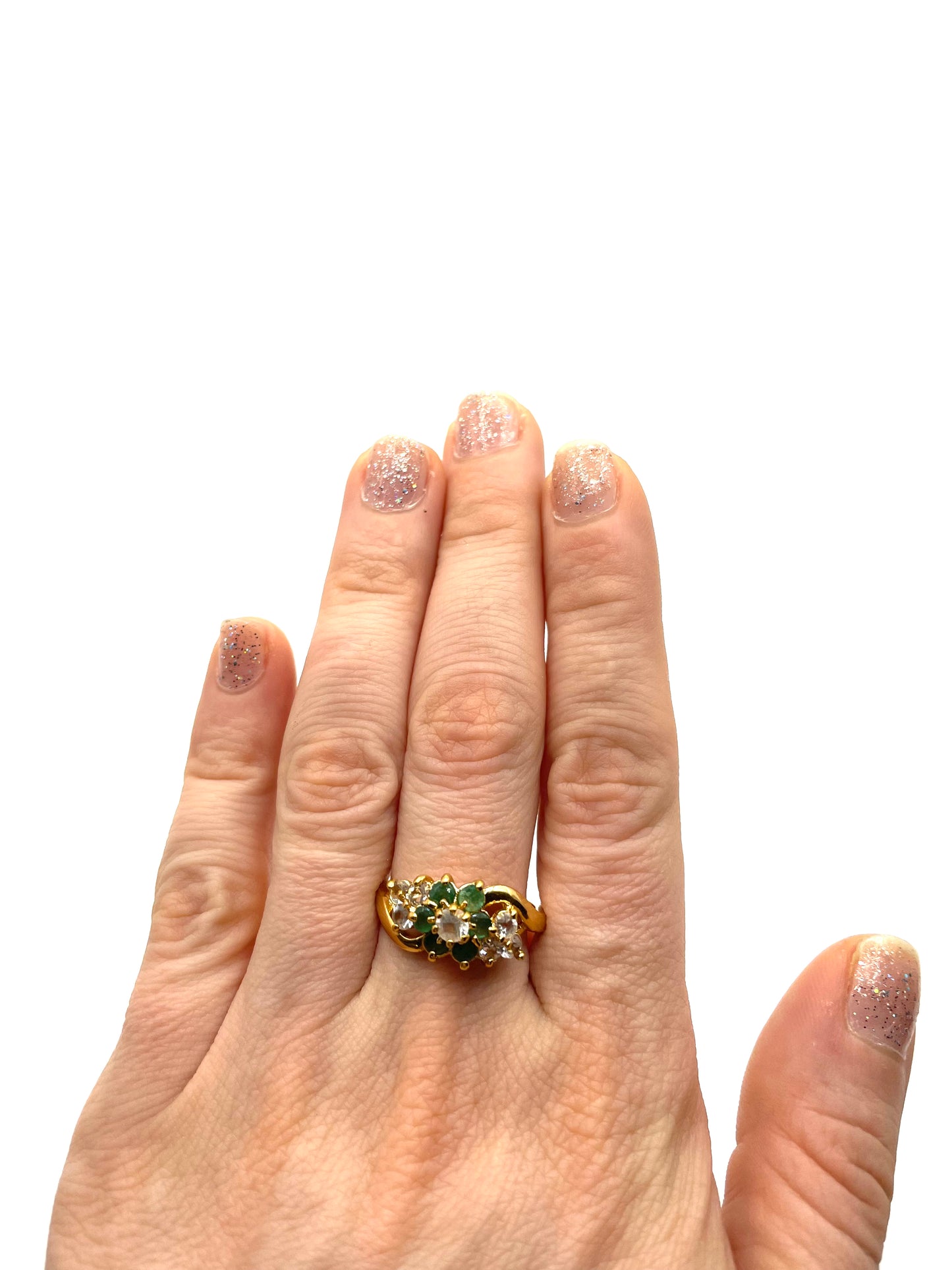 Vintage Gold Tone Emerald Green Clear Rhinestone Ring Size 8