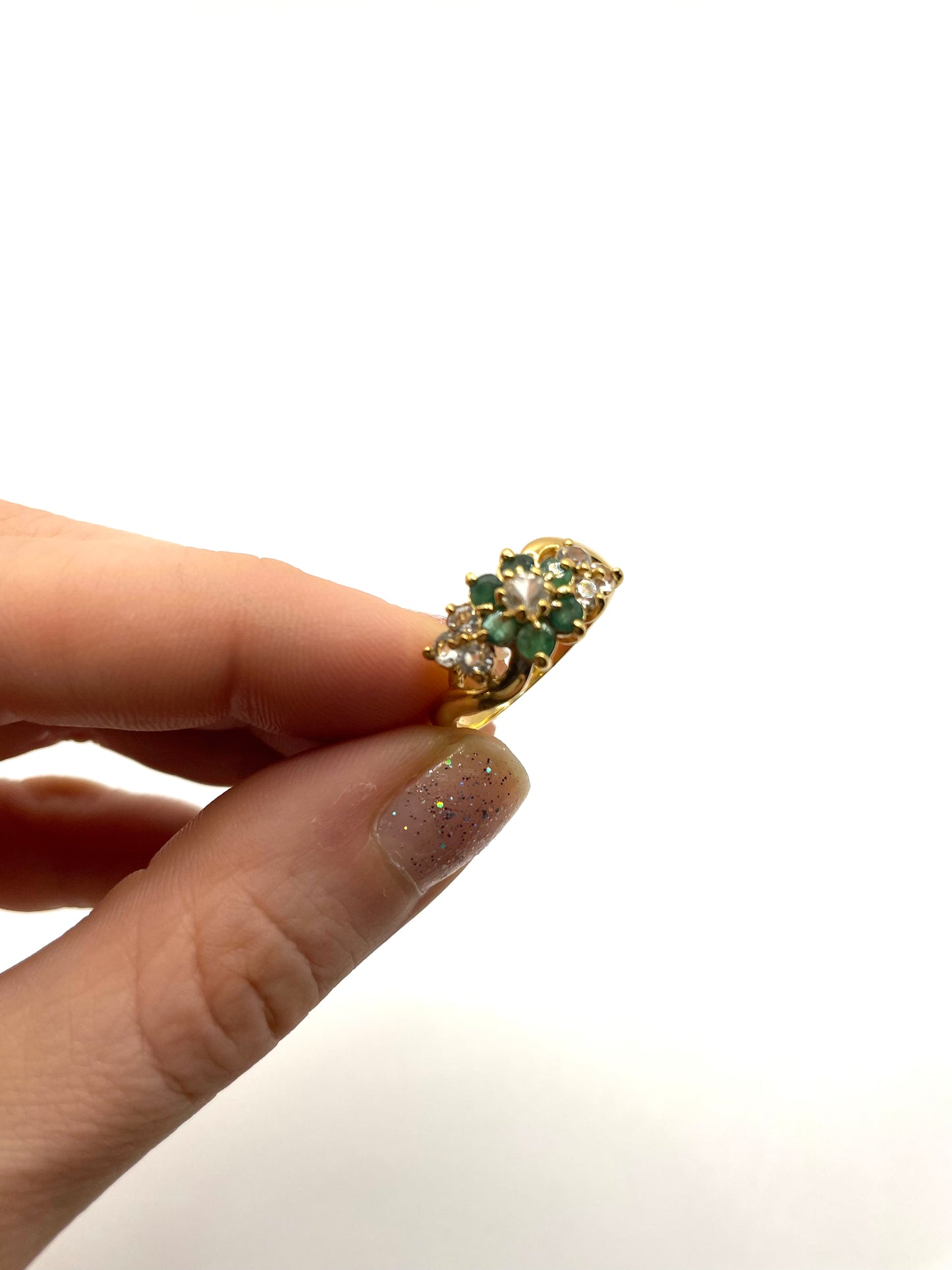 Vintage Gold Tone Emerald Green Clear Rhinestone Ring Size 8