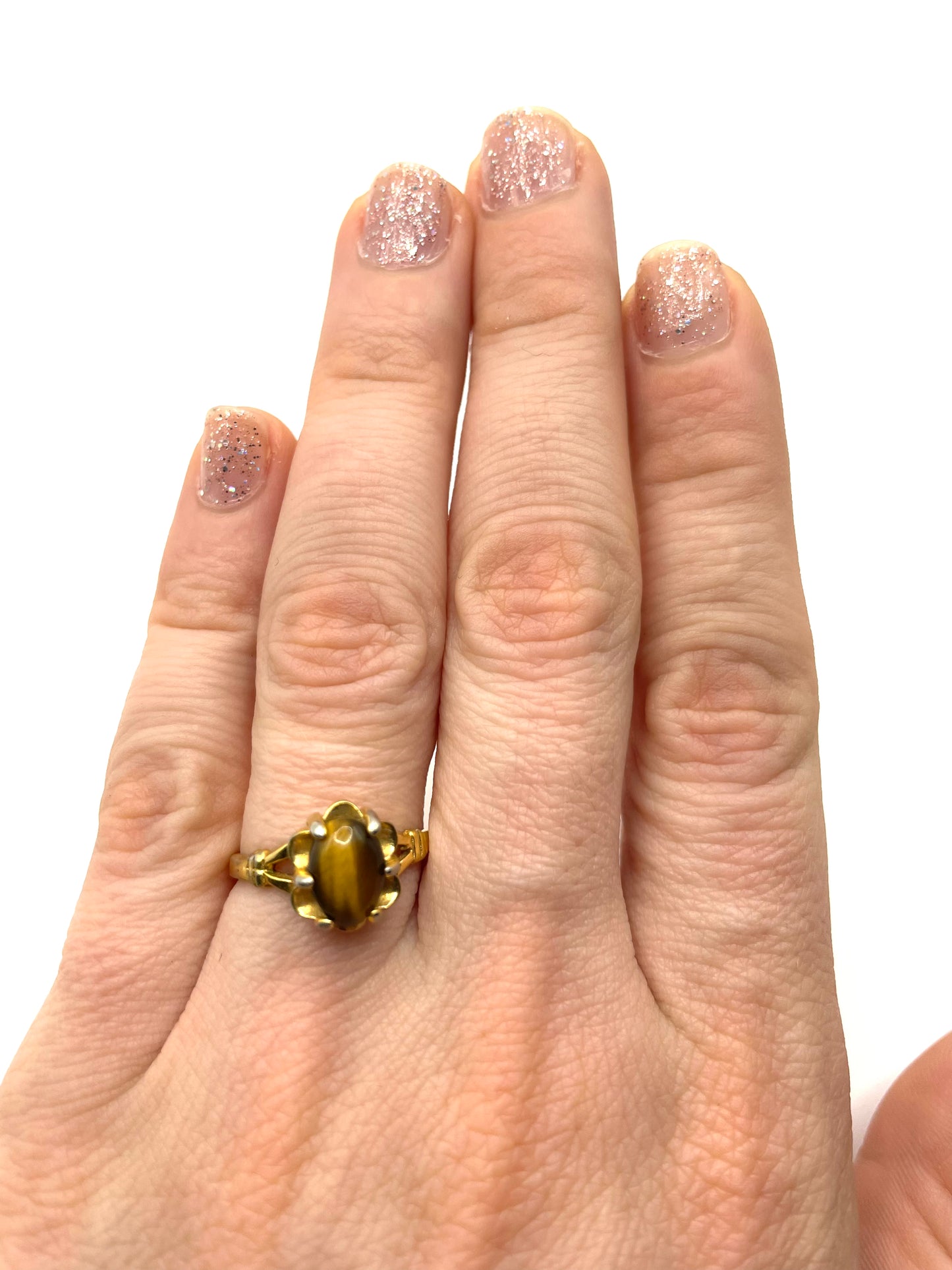 Vintage 18 Kt GE 1970s Tiger's Eye Ring Size 5.25