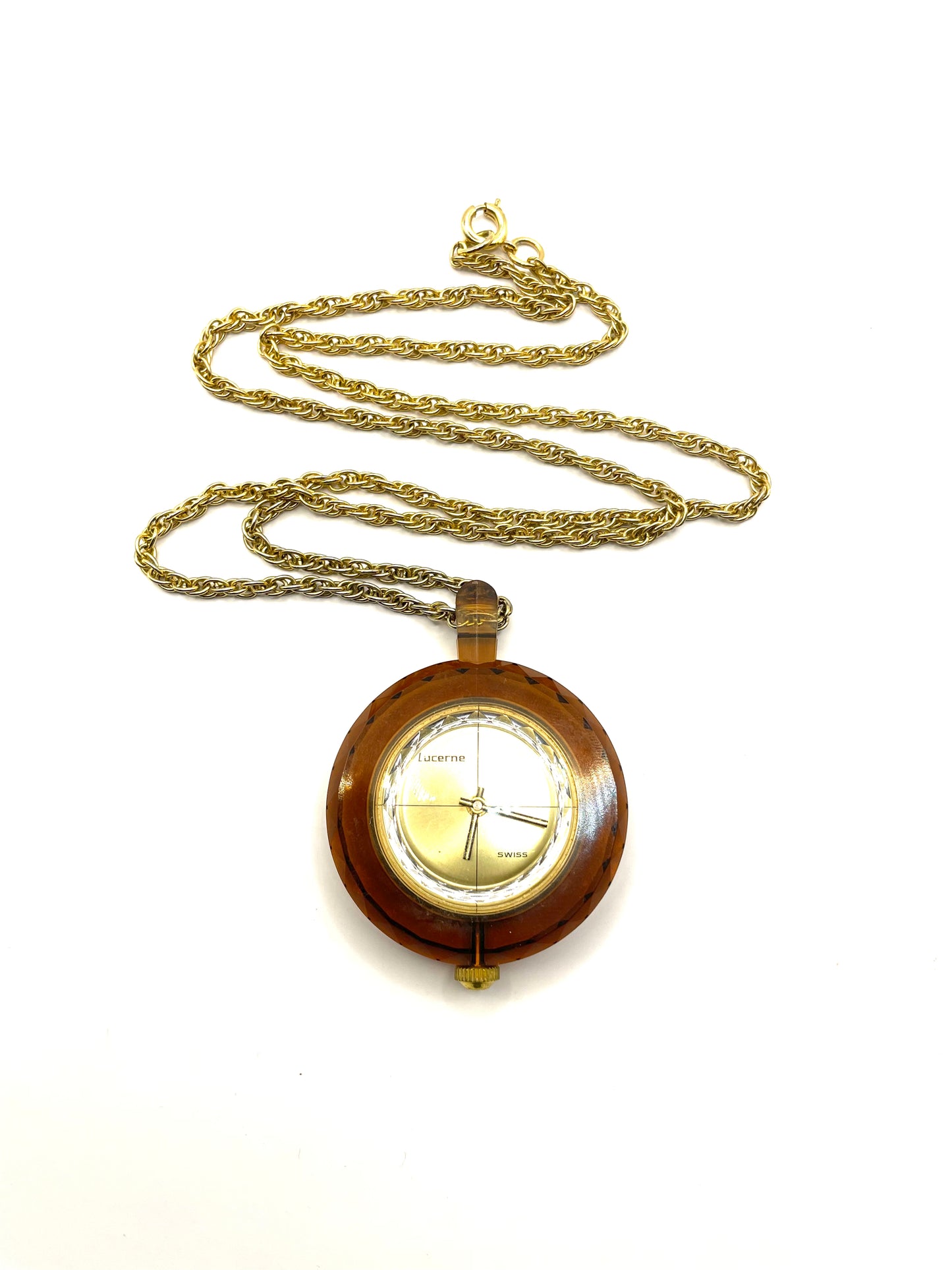 Vintage Swiss Wind Up Lucite Pendant Watch Necklace 1950s-1960s