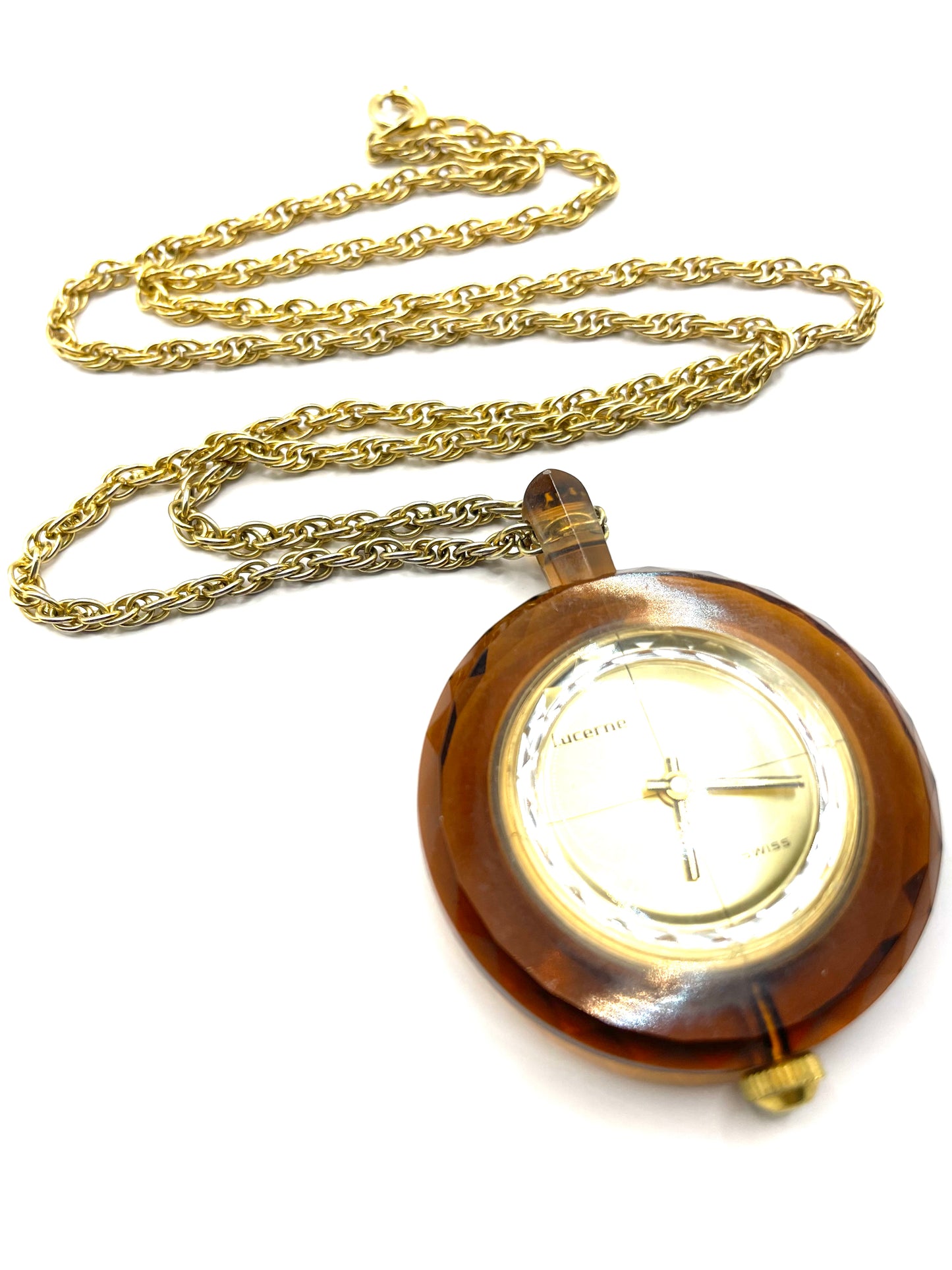 Vintage Swiss Wind Up Lucite Pendant Watch Necklace 1950s-1960s