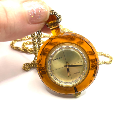 Vintage Swiss Wind Up Lucite Pendant Watch Necklace 1950s-1960s